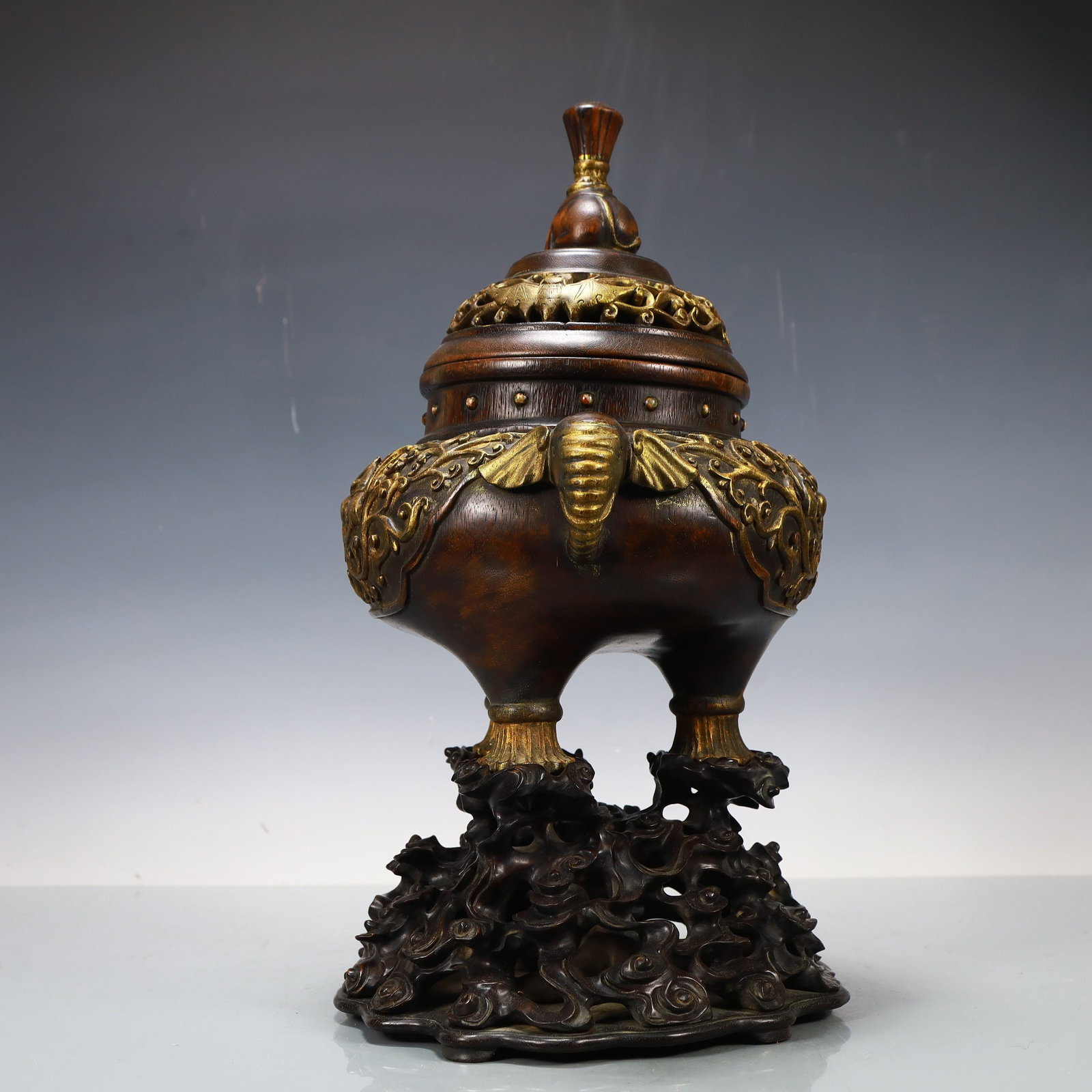 An Exquisite Eaglewood Beast-Face Pattern with Cover Elephant-Ears Tripod Censer,with Base: An Exquisite Eaglewood Beast-Face Pattern with Cover Elephant-Ears Tripod Censer,with Base,Qing