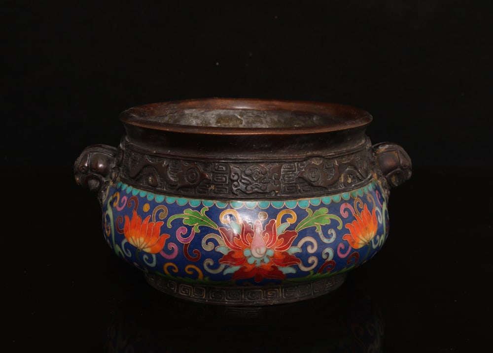 An Exquisite Cloisonne Lotus Pattern Beast-Ears Censer: An Exquisite Cloisonne Lotus Pattern Beast-Ears Censer,Qing Dynasty,China,with Qianlong Four-character