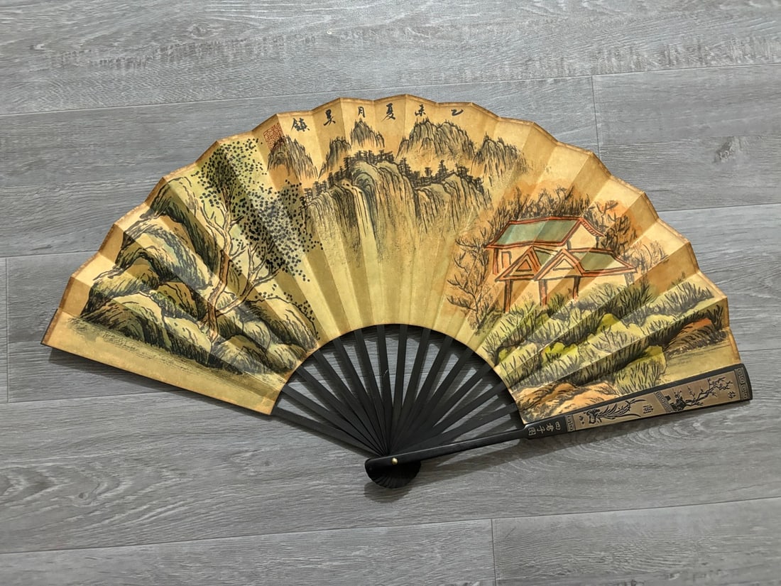 A Chinese Ink Painting Fan with Landscape Motif: A Chinese Ink Painting Fan with Landscape Motif,Wu zhen,Size:23.6inx13in,一把中国水墨山水画扇子,吴镇