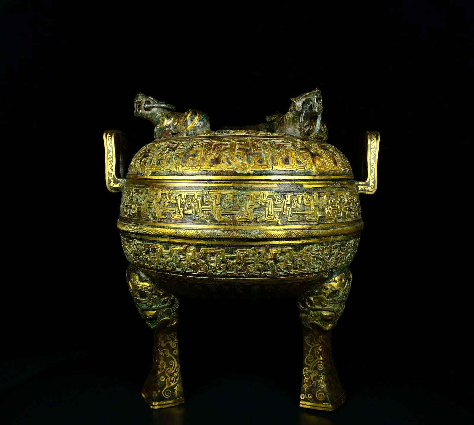 An Exquisite Bronze Gold-Inlaid Double-Ears Tripod Censer,With Inscription: An Exquisite Bronze Gold-Inlaid Double-Ears Tripod Censer,With Inscription,the Warring States period in