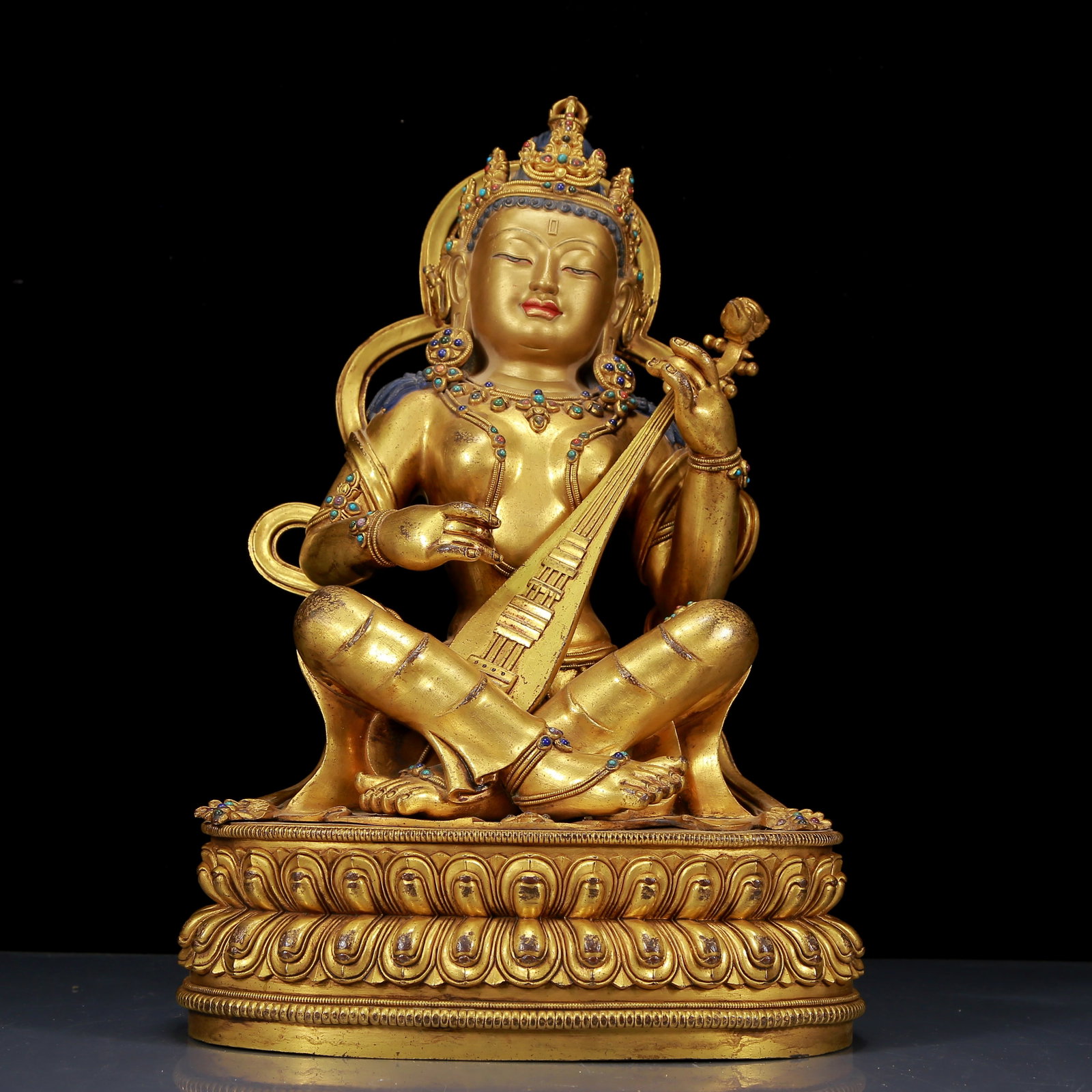 A Solemn Gilt Bronze Inlaid Turquoise Statue of Gadgadasvara: A Solemn Gilt Bronze Inlaid Turquoise Statue of Gadgadasvara, Ming Dynasty,
