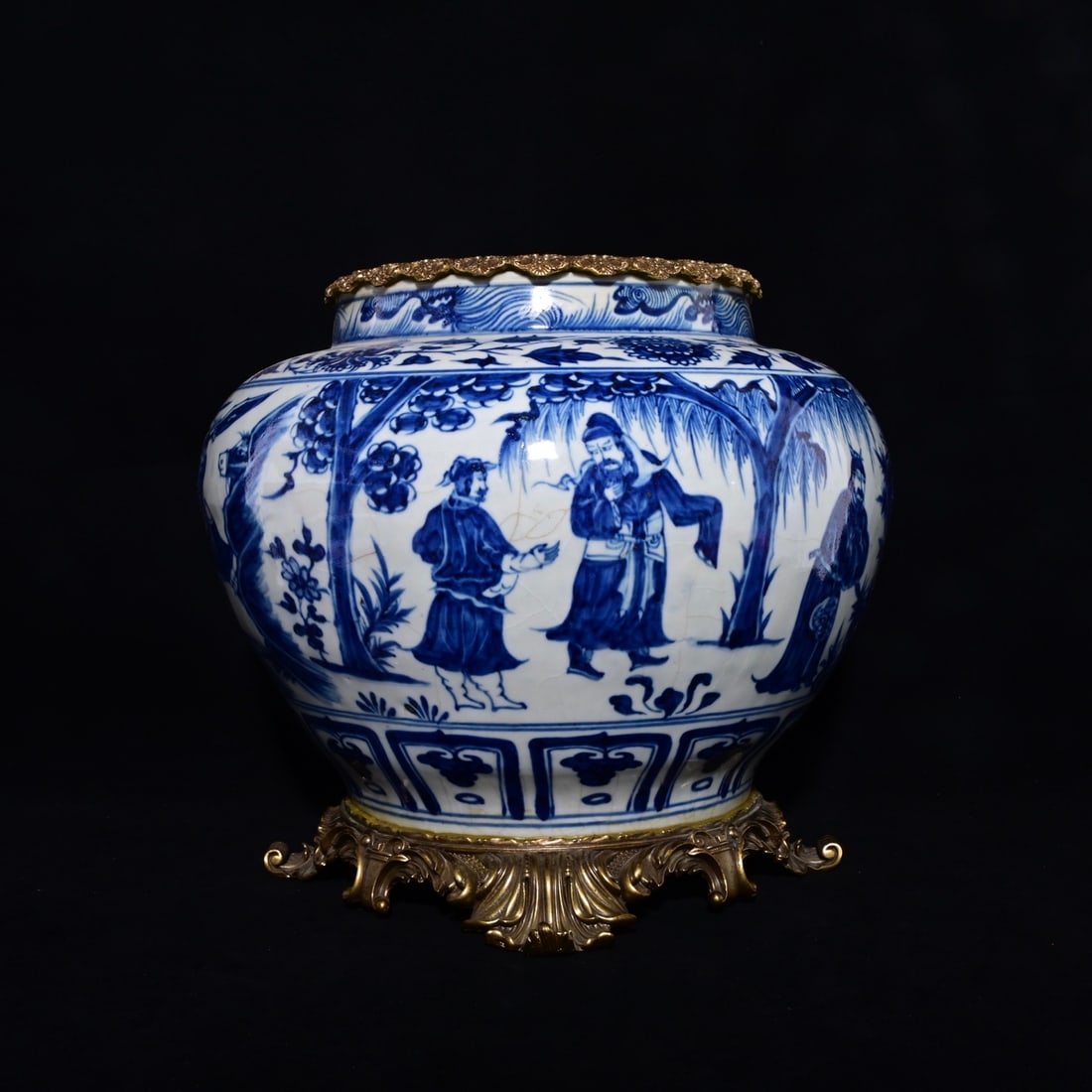 An Exquisite Blue and White Inlaid Gilt Bronze Character and Story Pattern Jar,: An Exquisite Blue and White Inlaid Gilt Bronze Character and Story Pattern Jar,Yuan Dynasty, China ,,Size:11.8inx13.8in