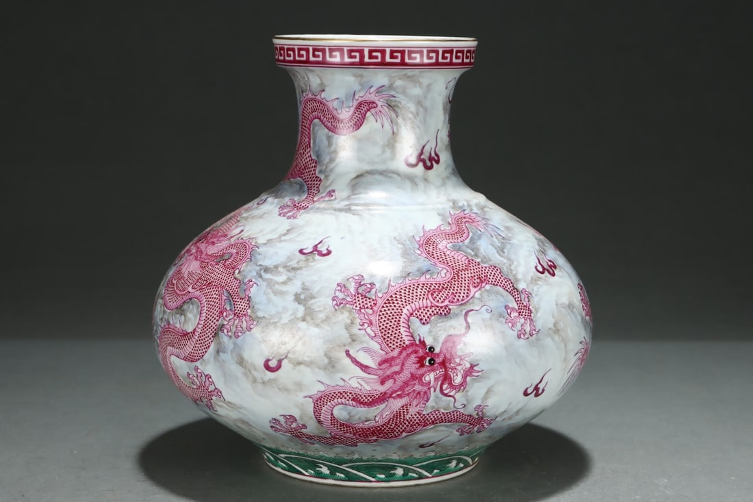 An Exquisite Ink Color Ruby Red-Glazed Dragon Pattern Seawater Pattern Vase - 3