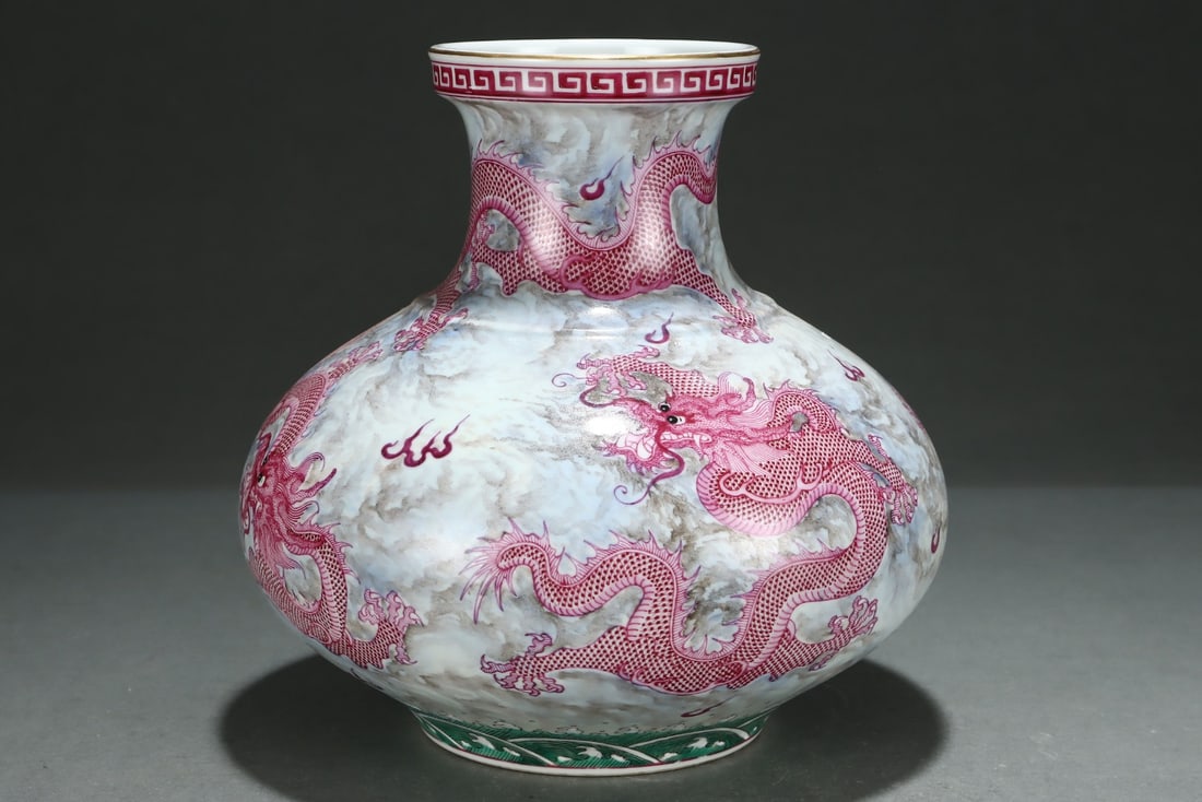 An Exquisite Ink Color Ruby Red-Glazed Dragon Pattern Seawater Pattern Vase - 4