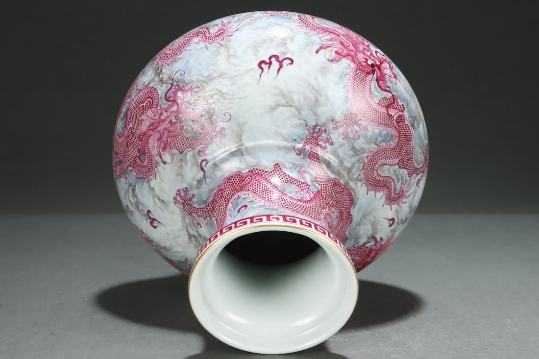 An Exquisite Ink Color Ruby Red-Glazed Dragon Pattern Seawater Pattern Vase - 7