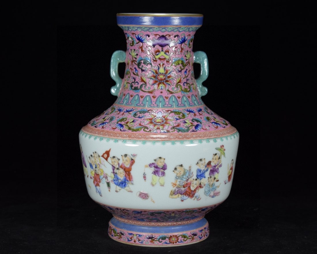 An Exquisite Enamel Character and Story Pattern Flower Pattern Double-Ears Vase: An Exquisite Enamel Character and Story Pattern Flower Pattern Double-Ears Vase,Qing Dynasty,China,with Qianlong Six-character Mark,Size:11.8inx8.3in,珐琅彩人物故&#
