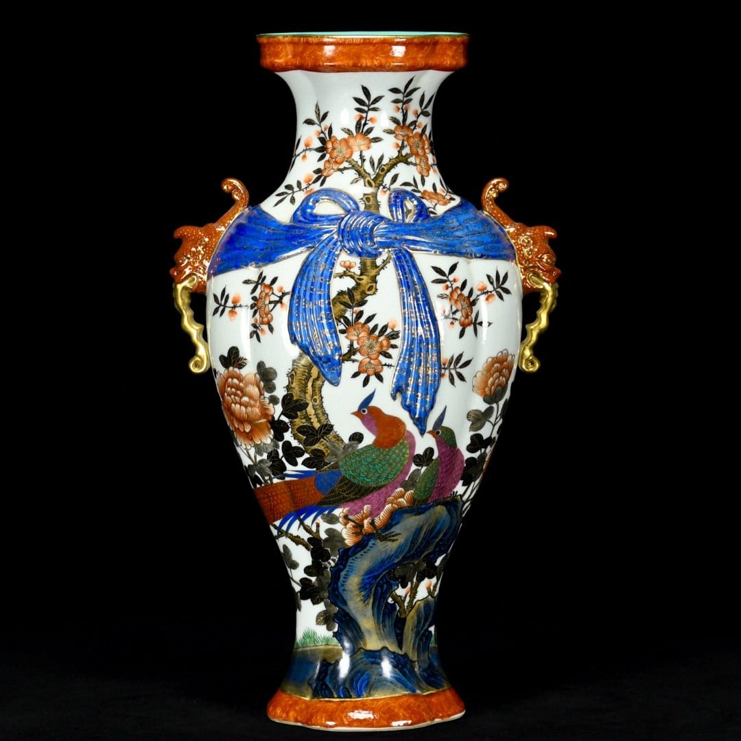 An Exquisite Famille-Rose Gilded Flower and Bird Pattern Beast-Ears Vase,with poem: An Exquisite Famille-Rose Gilded Flower and Bird Pattern Beast-Ears Vase,with poem,Qing Dynasty,China,with Yongzheng Four-character Mark,Size:14.6inx8.3in,粉彩鎏金花Ɣ