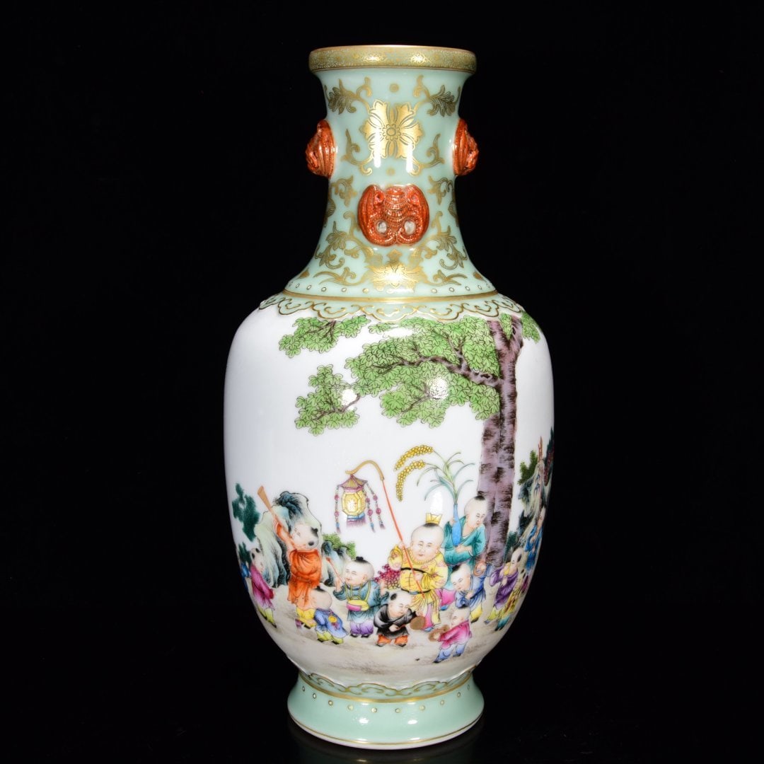 An Exquisite Famille-Rose Character and Story Pattern Double-Ears Vase: An Exquisite Famille-Rose Character and Story Pattern Double-Ears Vase,Qing Dynasty,China,with Qianlong Four-character