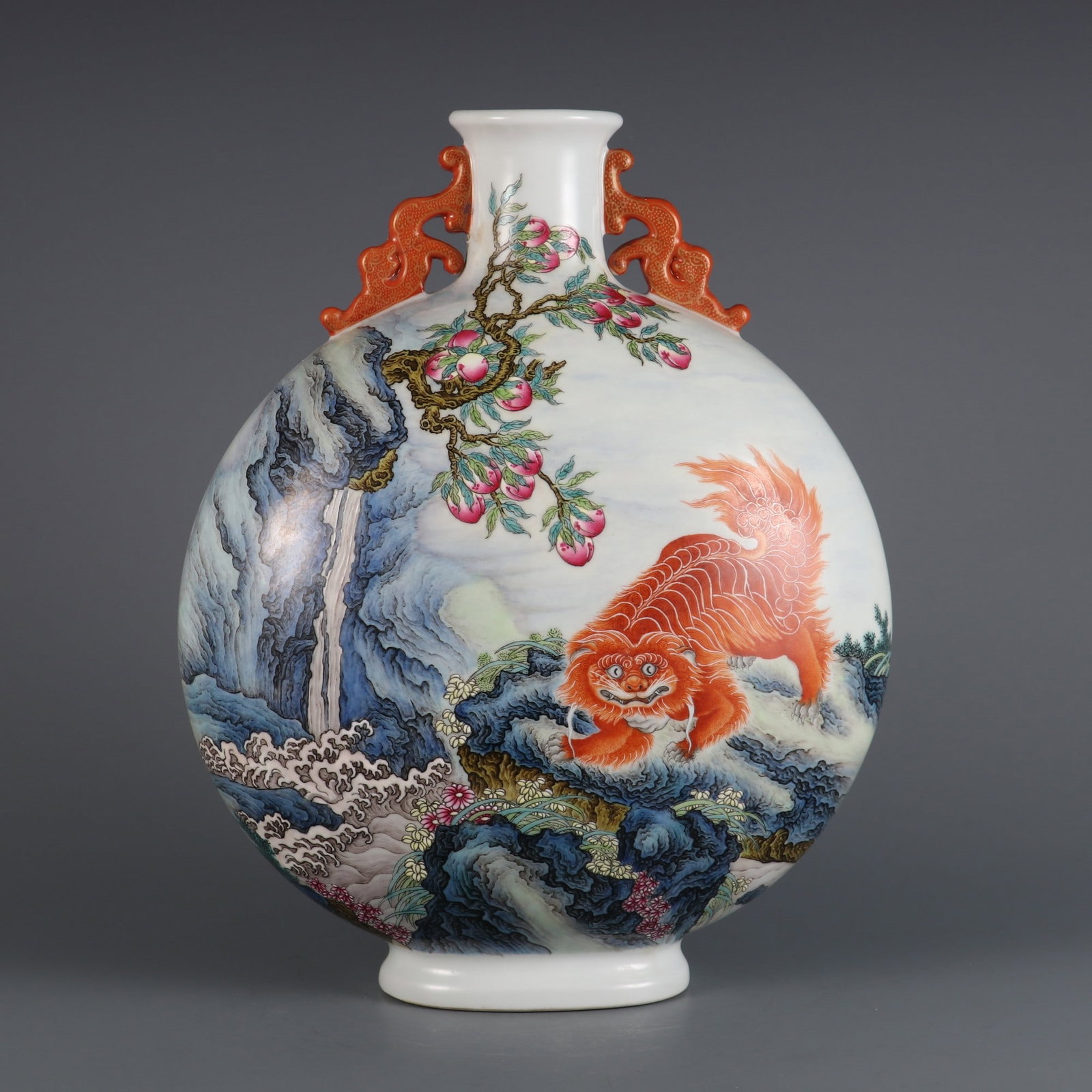 An Exquisite Enamel Landscape Pattern Auspicious Beast Double-Ears Vase,with poem: An Exquisite Enamel Landscape Pattern Auspicious Beast Double-Ears Vase,with poem,Qing Dynasty,China,Qianlong Four-character
