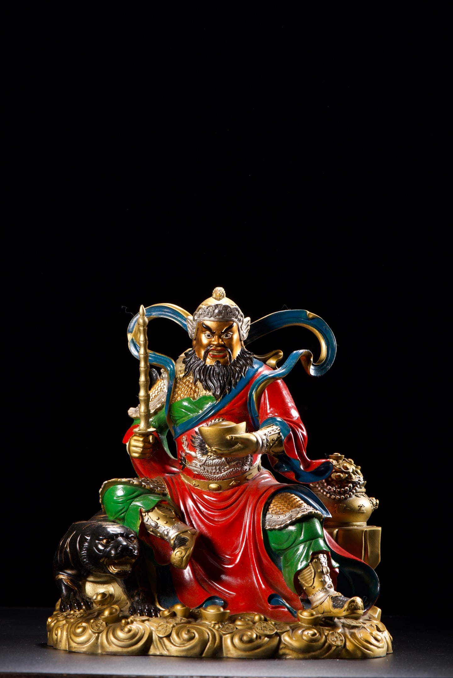 An Exquisite Copper Painted Color Statue of Mammon: An Exquisite Copper Painted Color Statue of Mammon,Qing Dynasty,China,Size:11.8inx10.6inx7.9in,Weight:5890g,铜彩绘财神像,中国清代