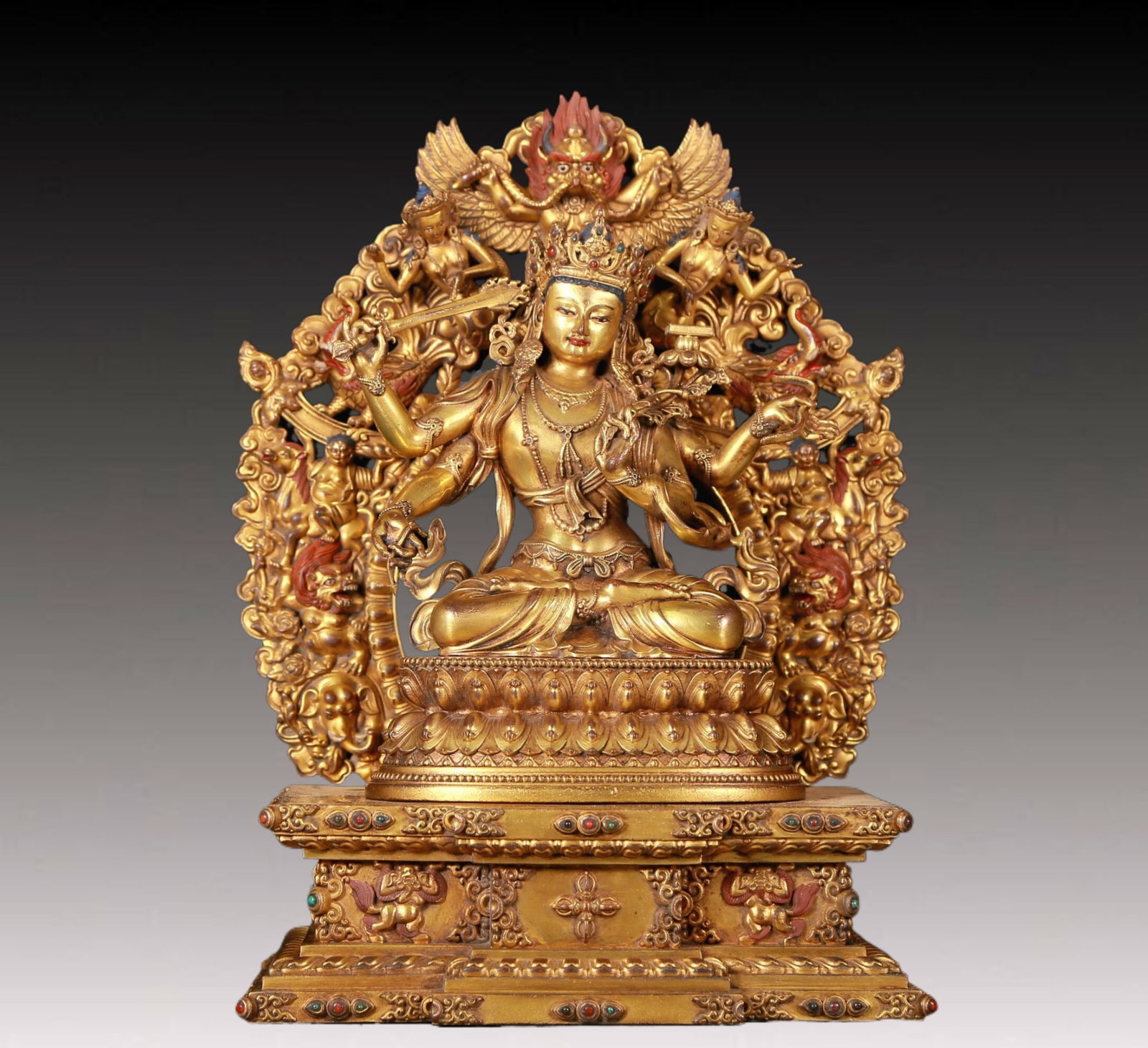 A Rare Gilt Bronze Inlaid Gems Statue of Manjusri: A Rare Gilt Bronze Inlaid Gems Statue of Manjusri,Qing Dynasty,China,Qianlong Seven-Character Mark,Size:8.3inx5.5inx11.8in,Weight:5800g 铜鎏金嵌百宝文殊