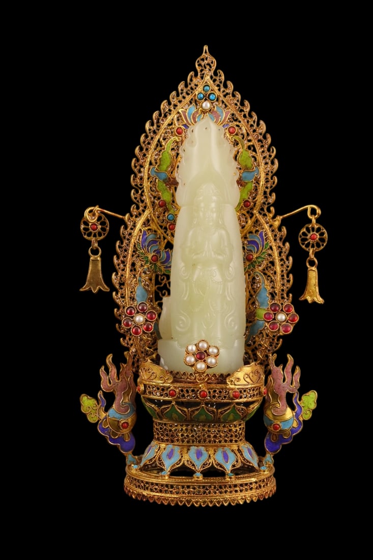 An Exquisite Filigree and Gilding Inlaid White Jade Buddha Statue,Inlaid Gems