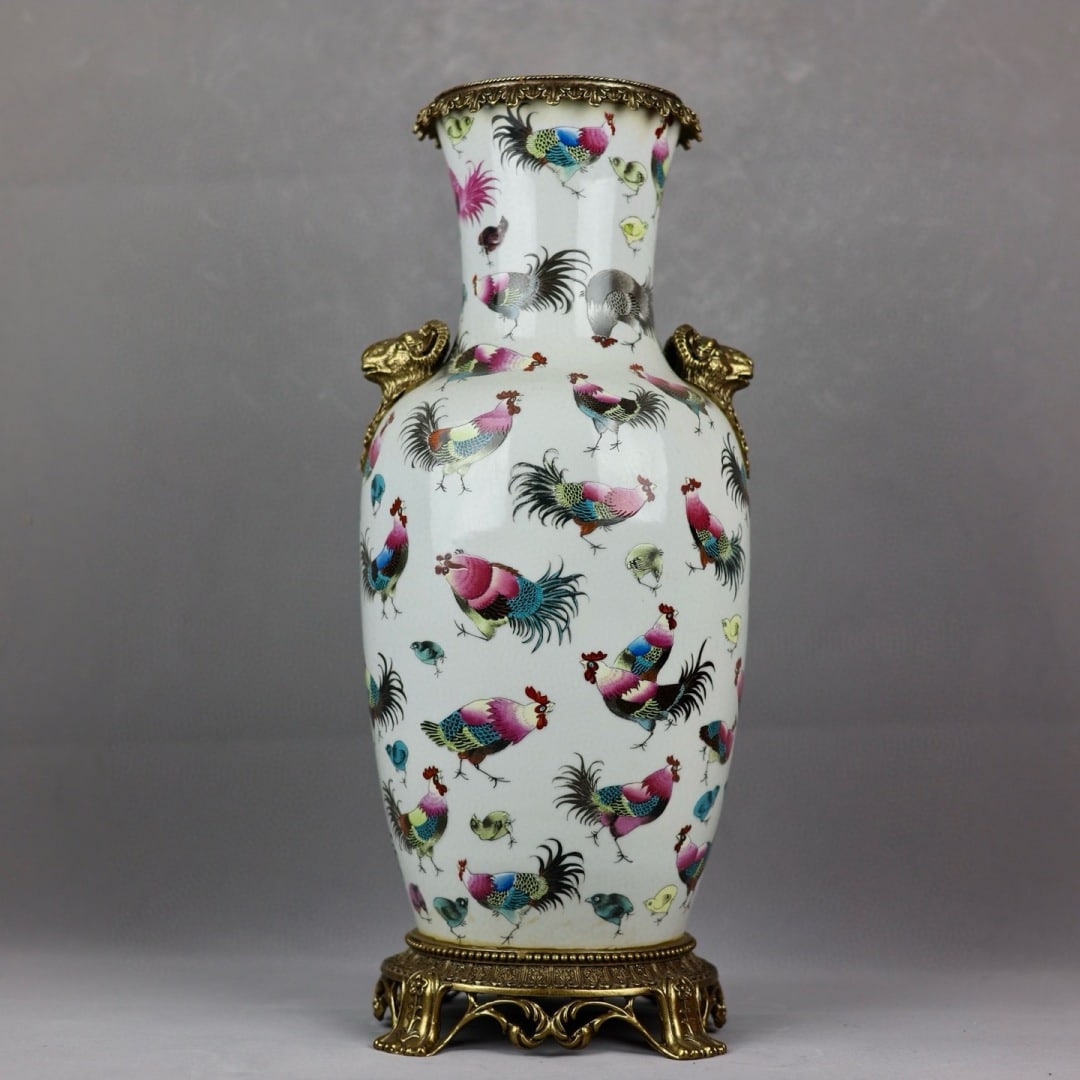 An Exquisite Famille-Rose Inlaid Bronze Rooster Pattern Double-Ears Vase (1 of 9)