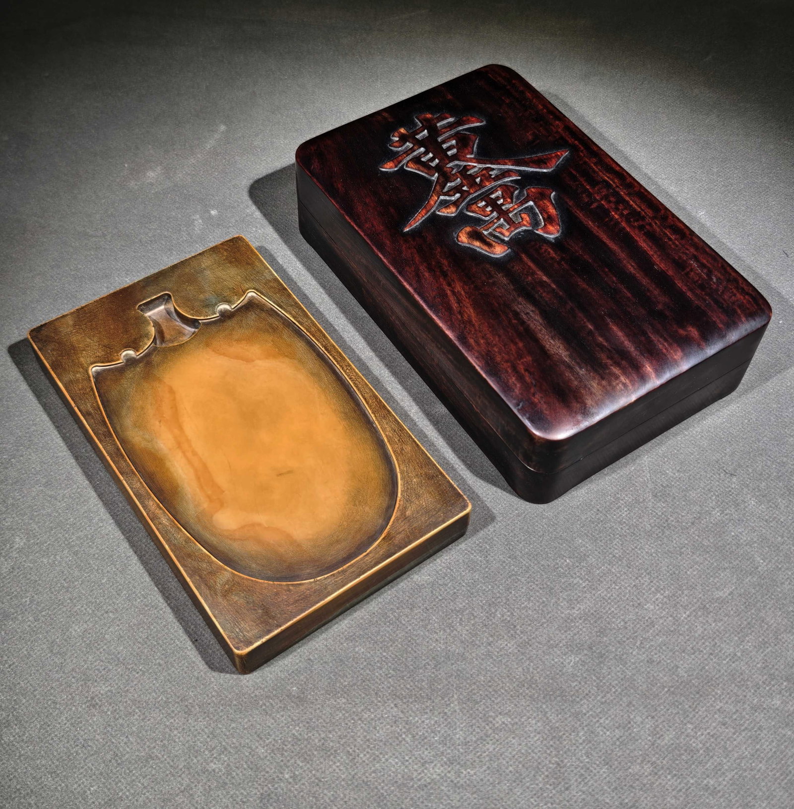 An Exquisite Poem Inkstone,with Wooden Box: An Exquisite Poem Inkstone,with Wooden Box,Qing Dynasty,China,With Mark,Size:8.1inx5.1inx2in,诗文砚台,带木盒,中国清代,带款