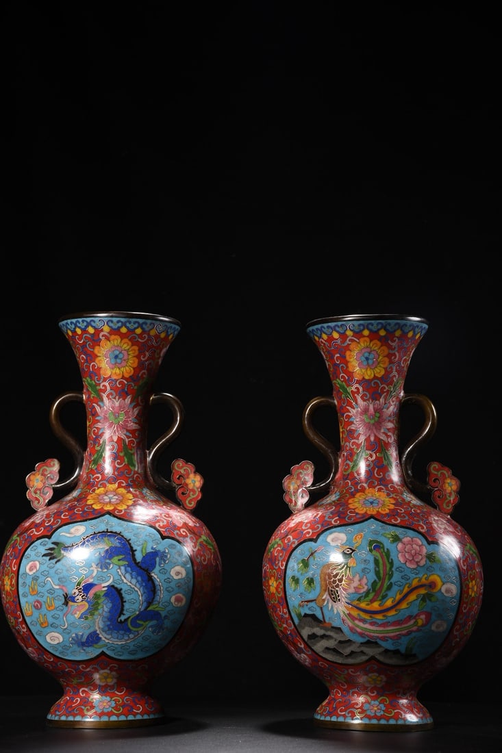 A Pair of Exquisite Cloisonne Lotus Pattern Dragon Pattern Phoenix Pattern Double-Ears Vases (1 of 9)