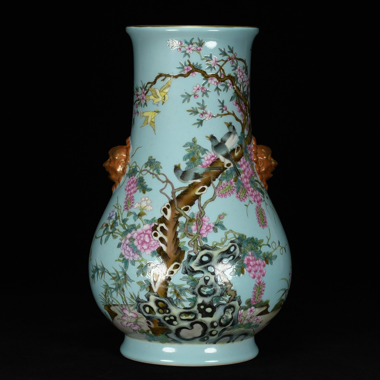 An Exquisite Famille-Rose Flower and Bird Pattern Beast-Ears Vase,with poem: An Exquisite Famille-Rose Flower and Bird Pattern Beast-Ears Vase,with poem,Qing Dynasty,China,with Yongzheng Six-character Mark,Size:12.2inx7.9in,粉彩花鸟纹兽ň