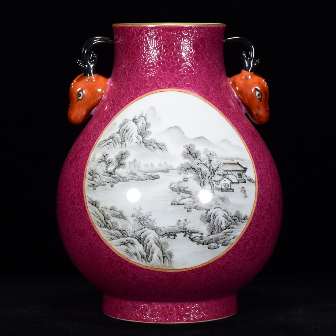 An Exquisite Ruby Red-Glazed Ink Color Landscape Pattern Double-Ears Vase (1 of 9)