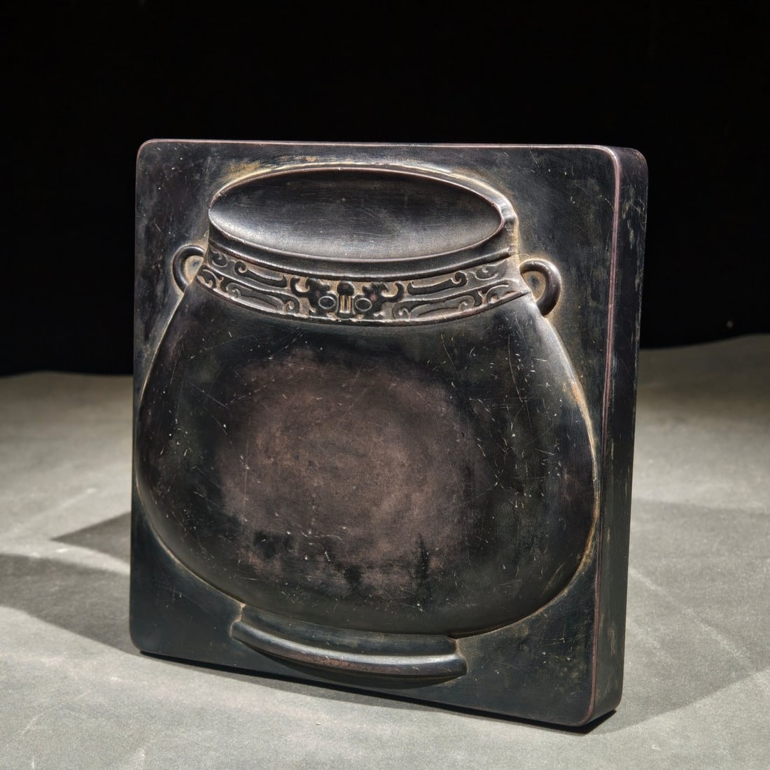 An Exquisite Stone Inkstone,With Sanskrit: An Exquisite Stone Inkstone,With Sanskrit,Qing Dynasty,China,With Mark,Size:5.5inx5.5inx0.9in,石头砚台,带梵文,中国清代,带款
