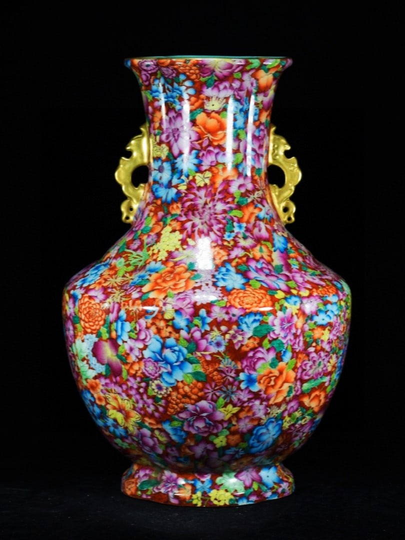 An Exquisite Enamel Gilded Flower Pattern Dragon-Ears Vase: An Exquisite Enamel Gilded Flower Pattern Dragon-Ears Vase,Qing Dynasty,China,with Yongzheng Four-character
