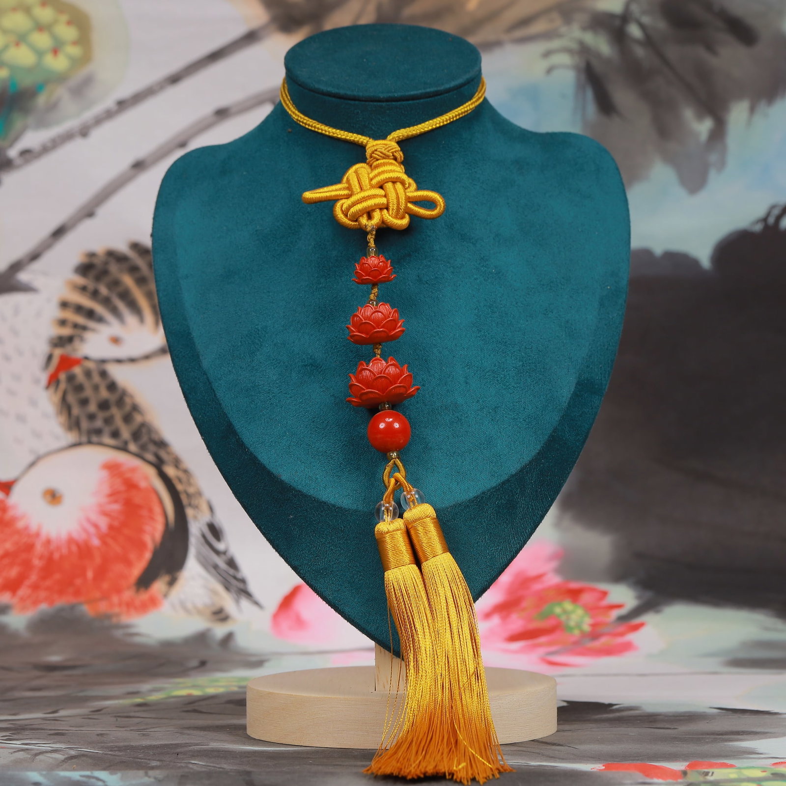 An Exquisite Cinnabar Lotus Pattern Pendant: An Exquisite Cinnabar Lotus Pattern Pendant,Size:0.8inx2.8in,Weight:45g 朱砂莲花挂件