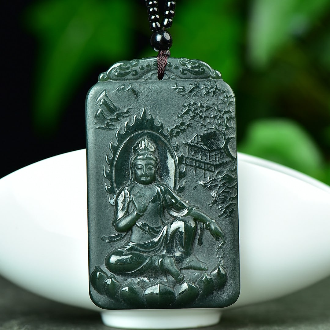 An Exquisite Sapphire Landscape and Avalokitesvara Pattern Pendant: An Exquisite Sapphire Landscape and Avalokitesvara Pattern Pendant,Size:39mmx66mm 寓意:吉祥 保平安