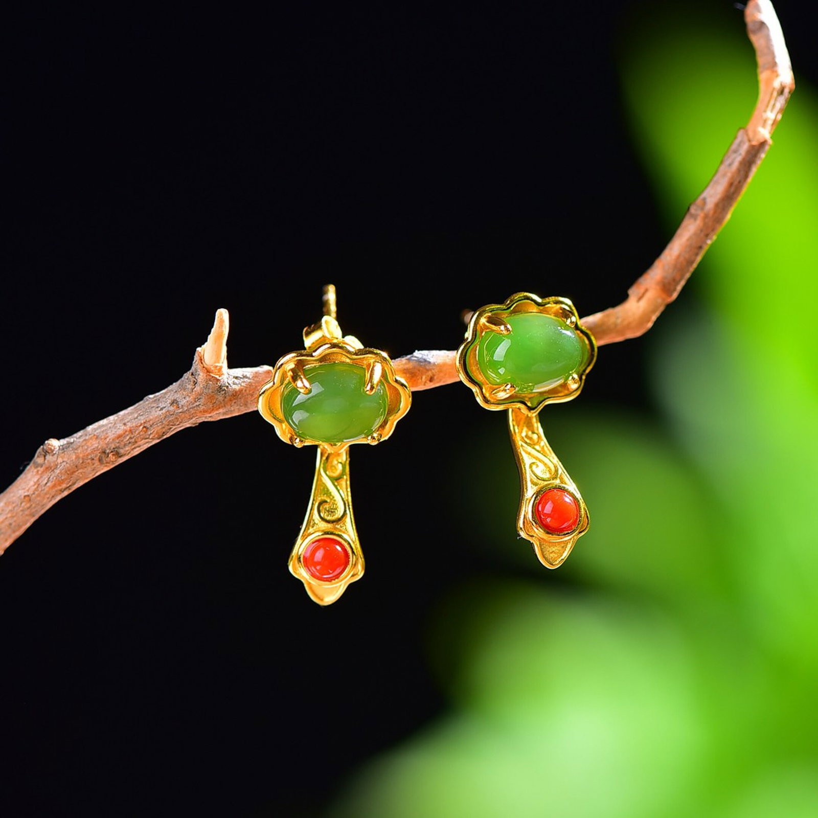 A Pair of Exquisite Sterling Silver-Gold Plated Inlaid Jasper Enamel Earrings,Inlaid Agate: A Pair of Exquisite Sterling Silver-Gold Plated Inlaid Jasper Enamel Earrings,Inlaid Agate,Size:6mmx8mm
