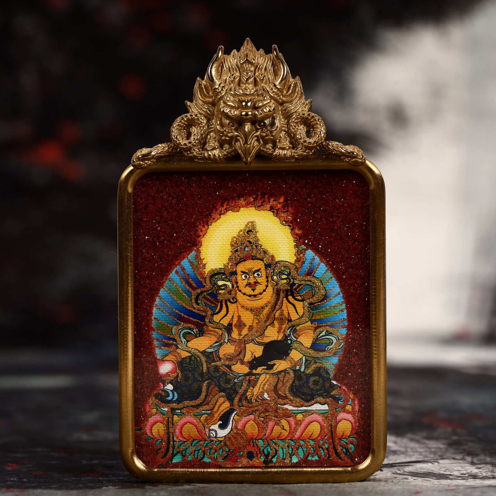 An Exquisite Painted Color Statue of Mammon Tangka: An Exquisite Painted Color Statue of Mammon Tangka,Size:2inx2.8in 彩绘财神像唐卡