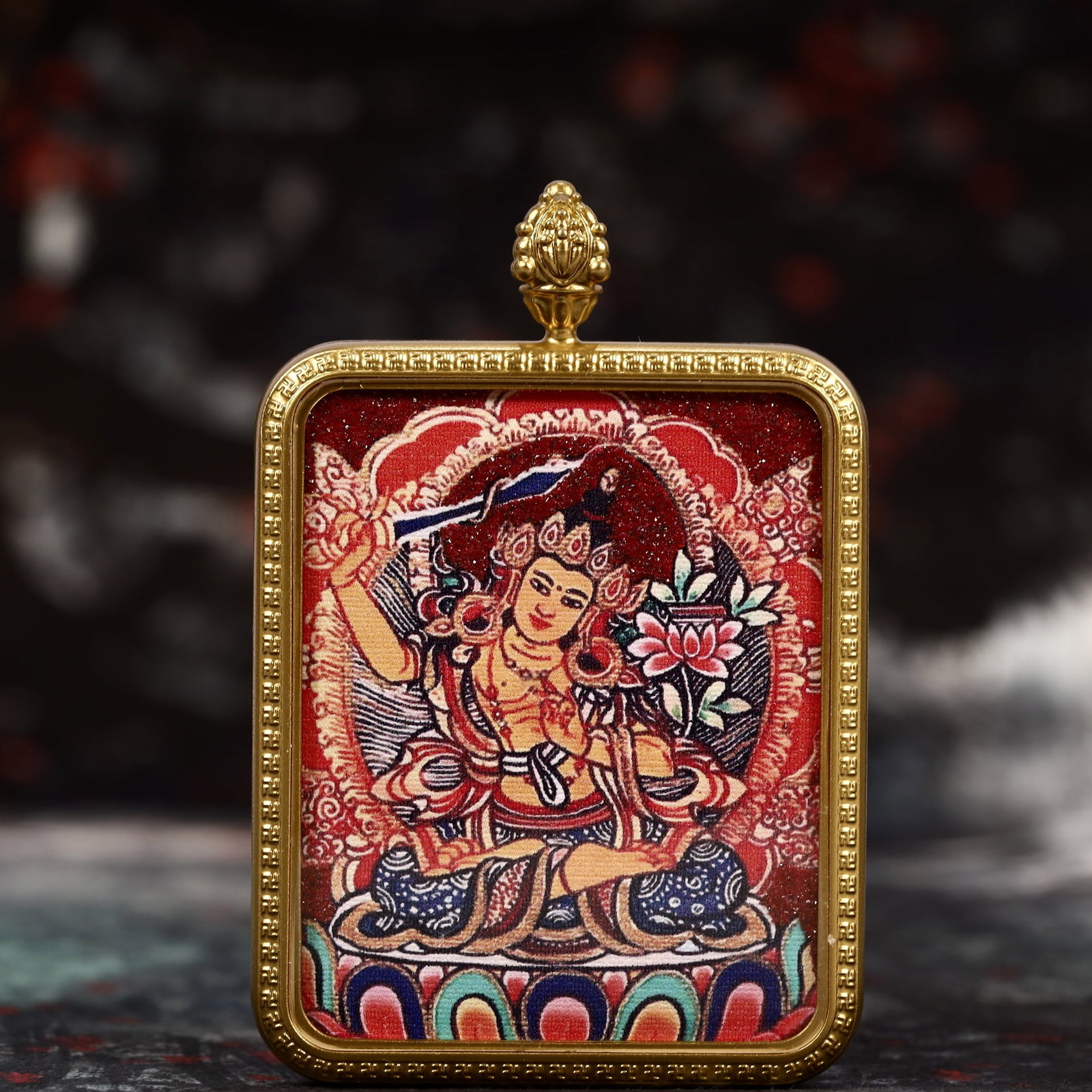 An Exquisite Painted Color Statue of Manjusri Tangka: An Exquisite Painted Color Statue of Manjusri Tangka,Size:2inx2.8in 彩绘文殊菩萨像唐卡