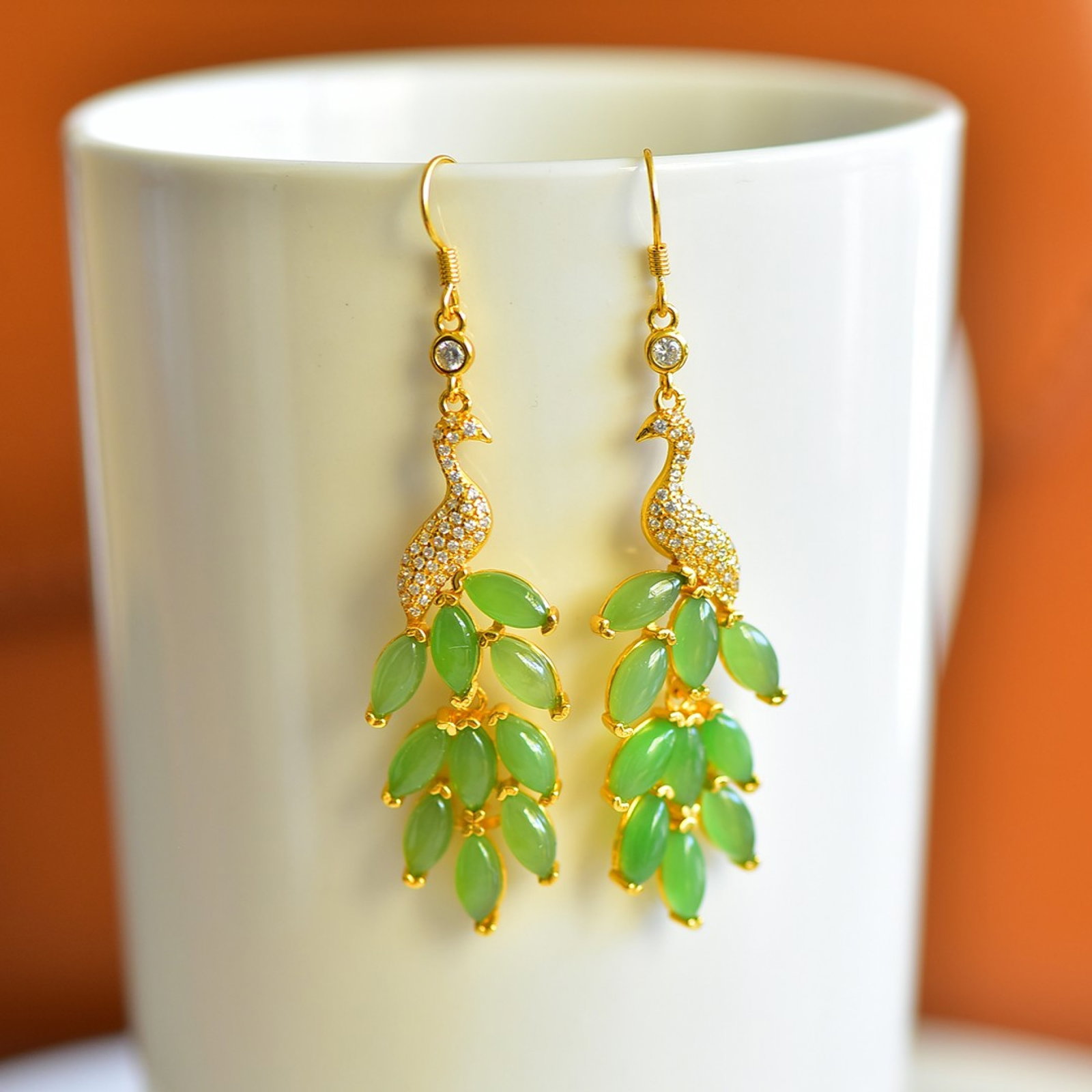 A Pair of Exquisite Sterling Silver-Gold Plated Inlaid Jasper Earrings,Inlaid Diamond: A Pair of Exquisite Sterling Silver-Gold Plated Inlaid Jasper Earrings,Inlaid Diamond,Size:4mmx8mm