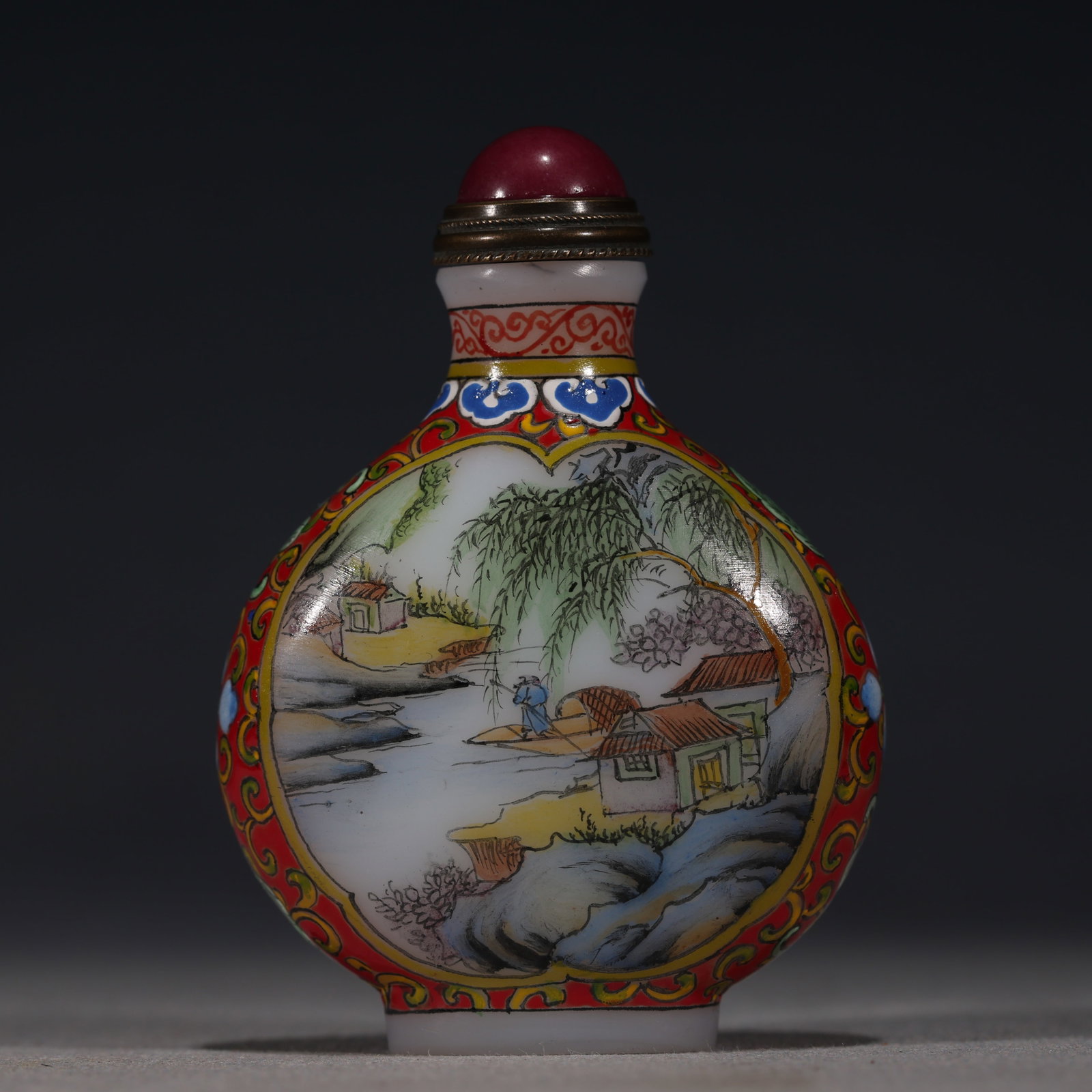 An Exquisite Glass Enamel Snuff Bottle With Landscape And Figure Pattern: An Exquisite Glass Enamel Snuff Bottle With Landscape And Figure Pattern,China,Qing Dynasty,Four-Character Qianlong Mark,Dimensions:2.6inx1.8in,料器珐琅彩山水
