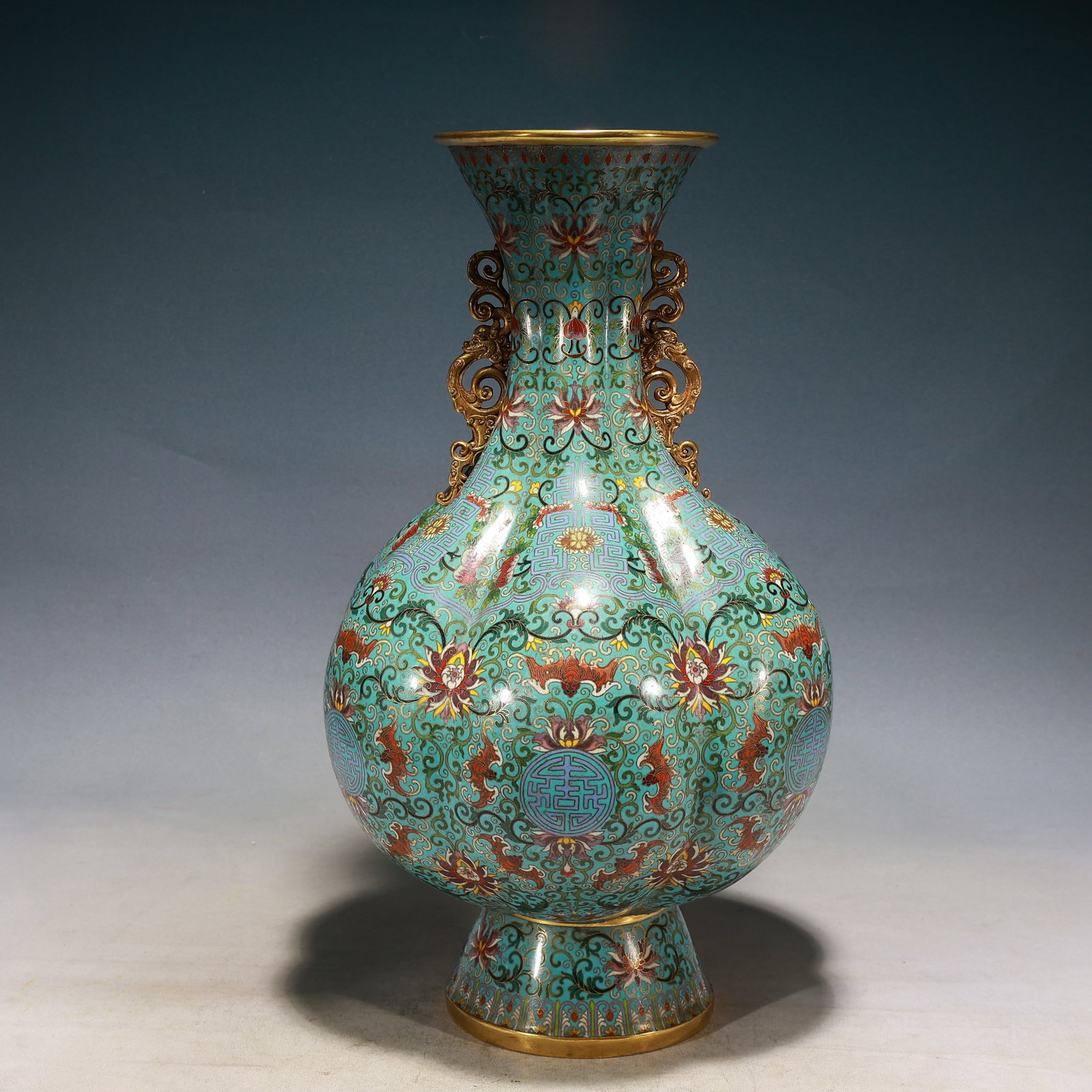 A Huge Cloisonne Lotus,Bats and Peach Pattern Dragon-Ears Vase (1 of 9)
