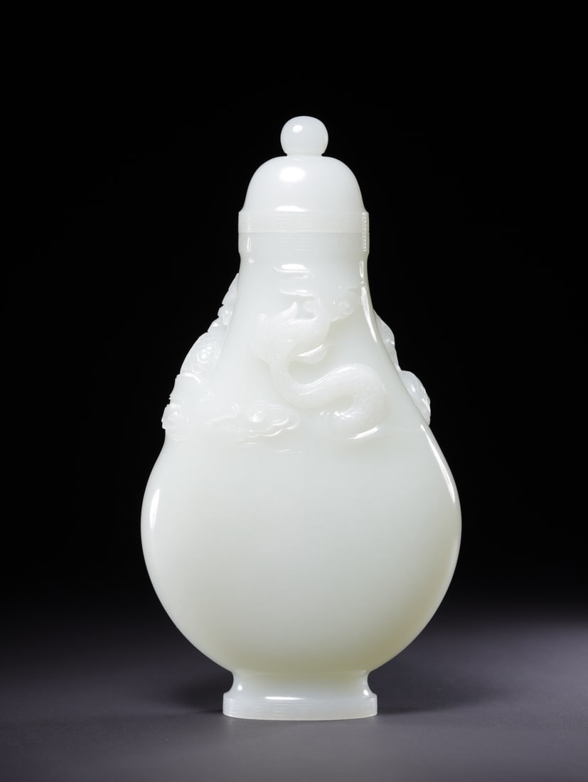 An Exquisite White Jade Dragon Pattern Vase - 2