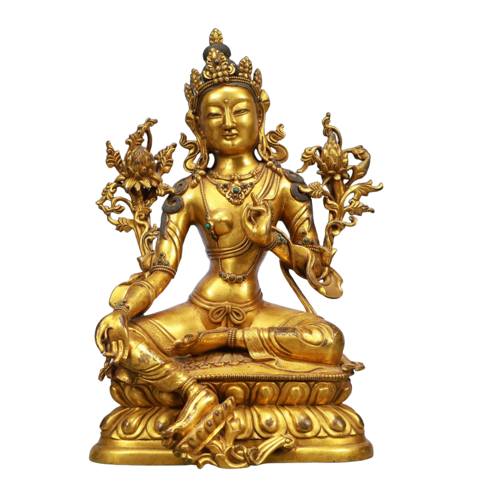 A Solemn Gilt Bronze Statue of Avalokitesvara, Inlaid Turquoise: A Solemn Gilt Bronze Statue of Avalokitesvara, Inlaid Turquoise,Qing Dynasty, China,Size:9.1inx5.9inx13.8in,Weight:6750g 铜鎏金观音像,嵌绿松௾