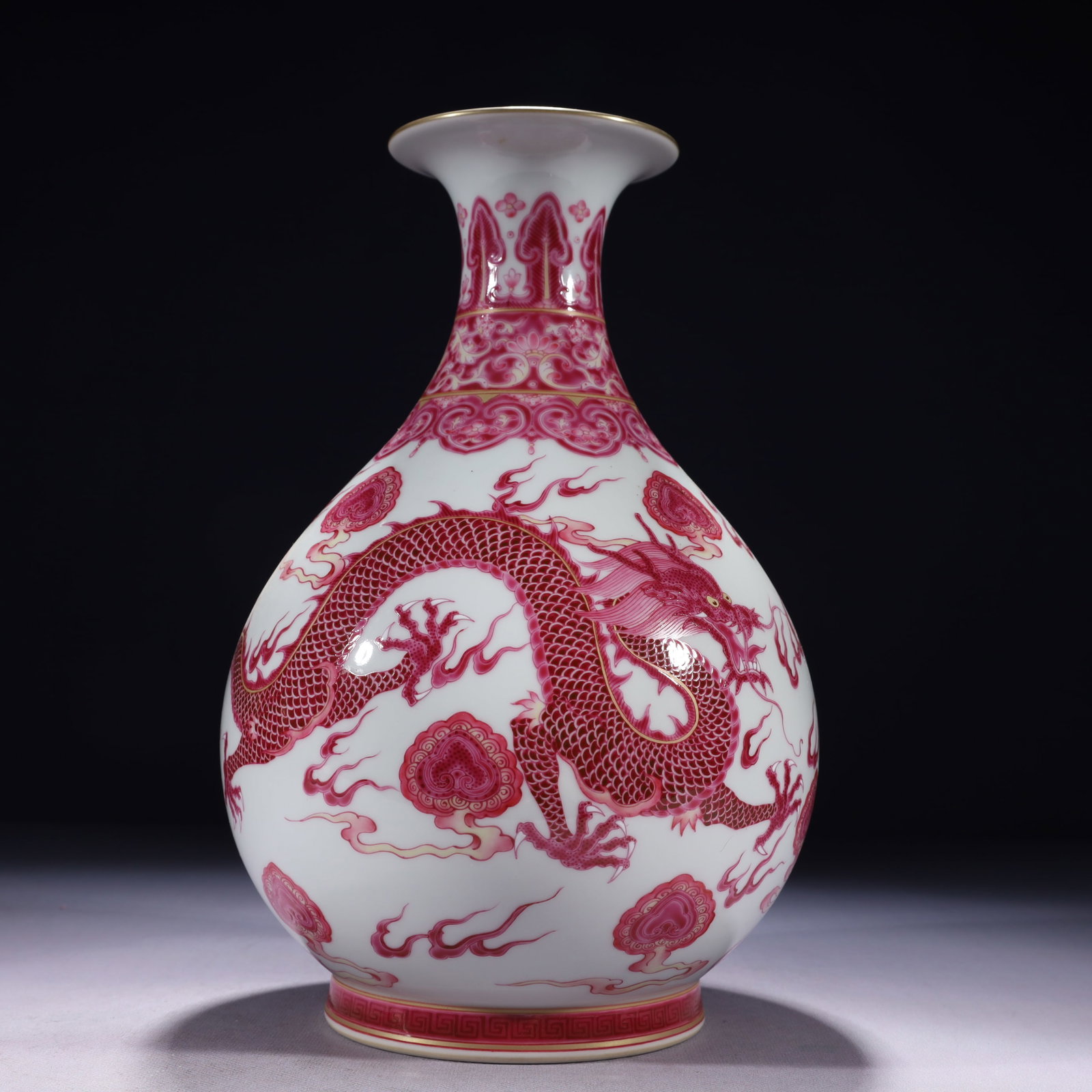 An Exquisite Ruby Red-Glazed Painted Gold Auspicious Cloud and Dragon Pattern Vase - 4