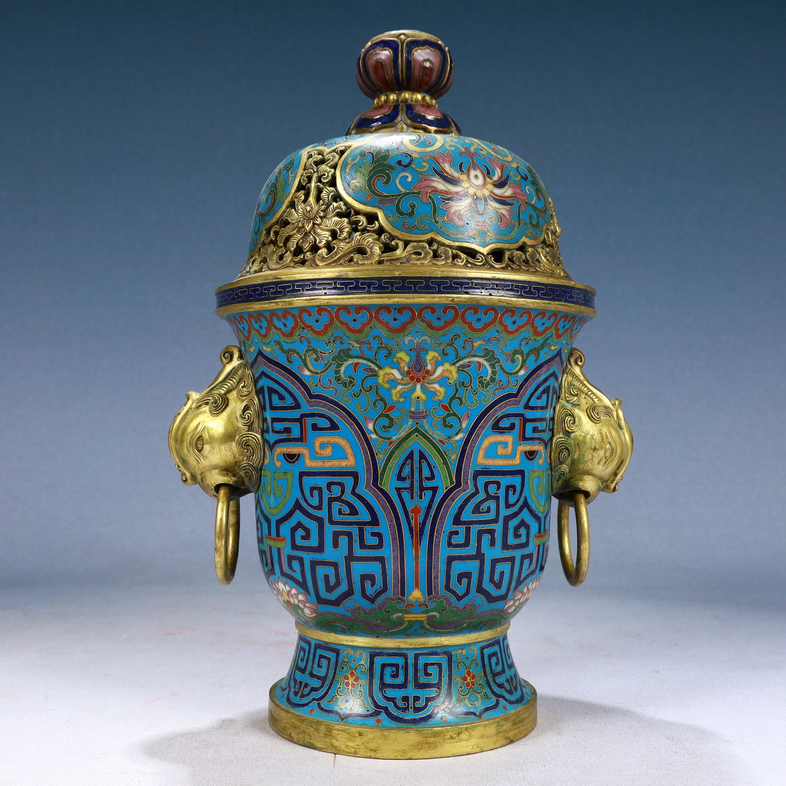A Rare Cloisonne Lotus Pattern Beast-Ears Censer