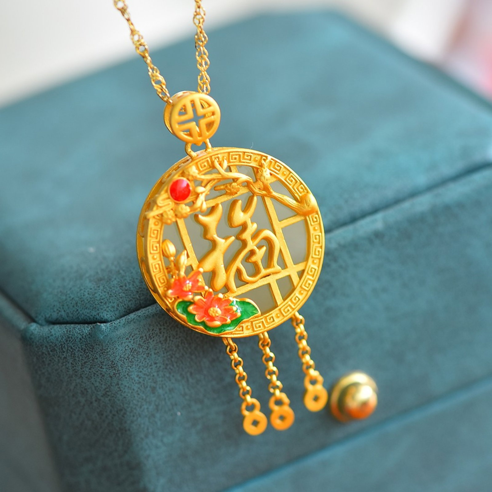 An Exquisite Sterling Silver-Gold Plated Inlaid White Jade Enamel Pendant