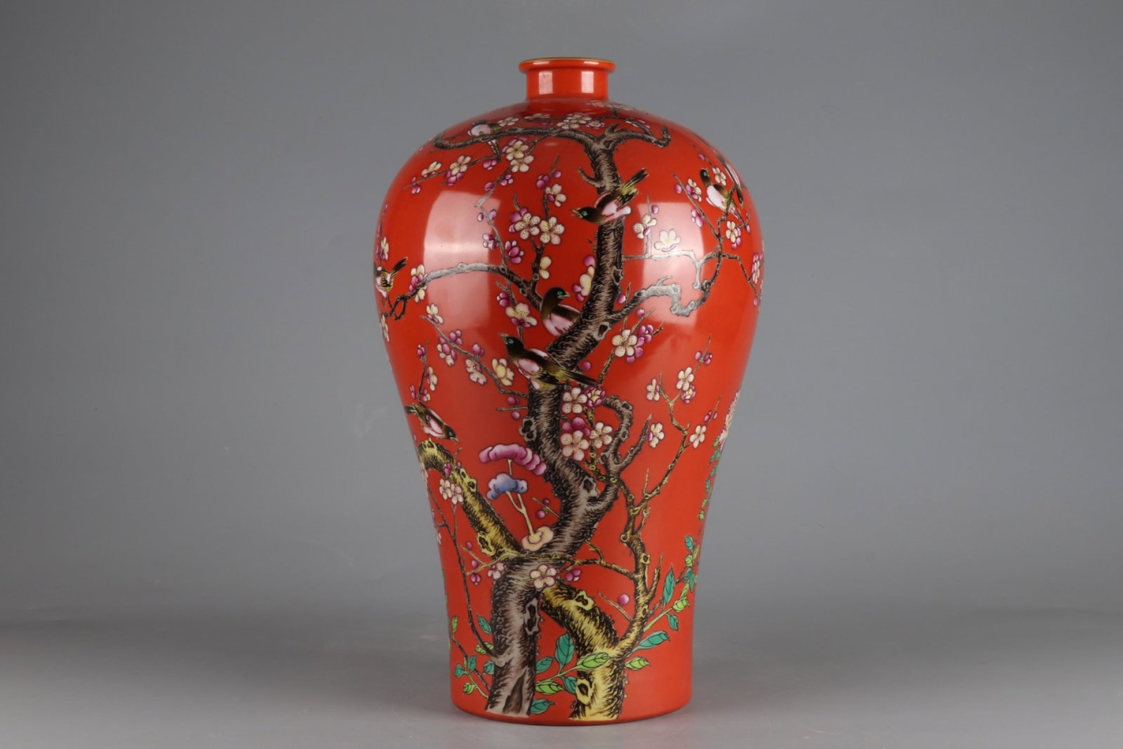 A Rare Coral Red Glazed Flower and Bird Pattern Vase,with poem: A Rare Coral Red Glazed Flower and Bird Pattern Vase,with poem,Qing Dynasty,China,Yongzheng Six-character Mark,Size:15inx9.3in 珊瑚红花鸟纹瓶,带诗