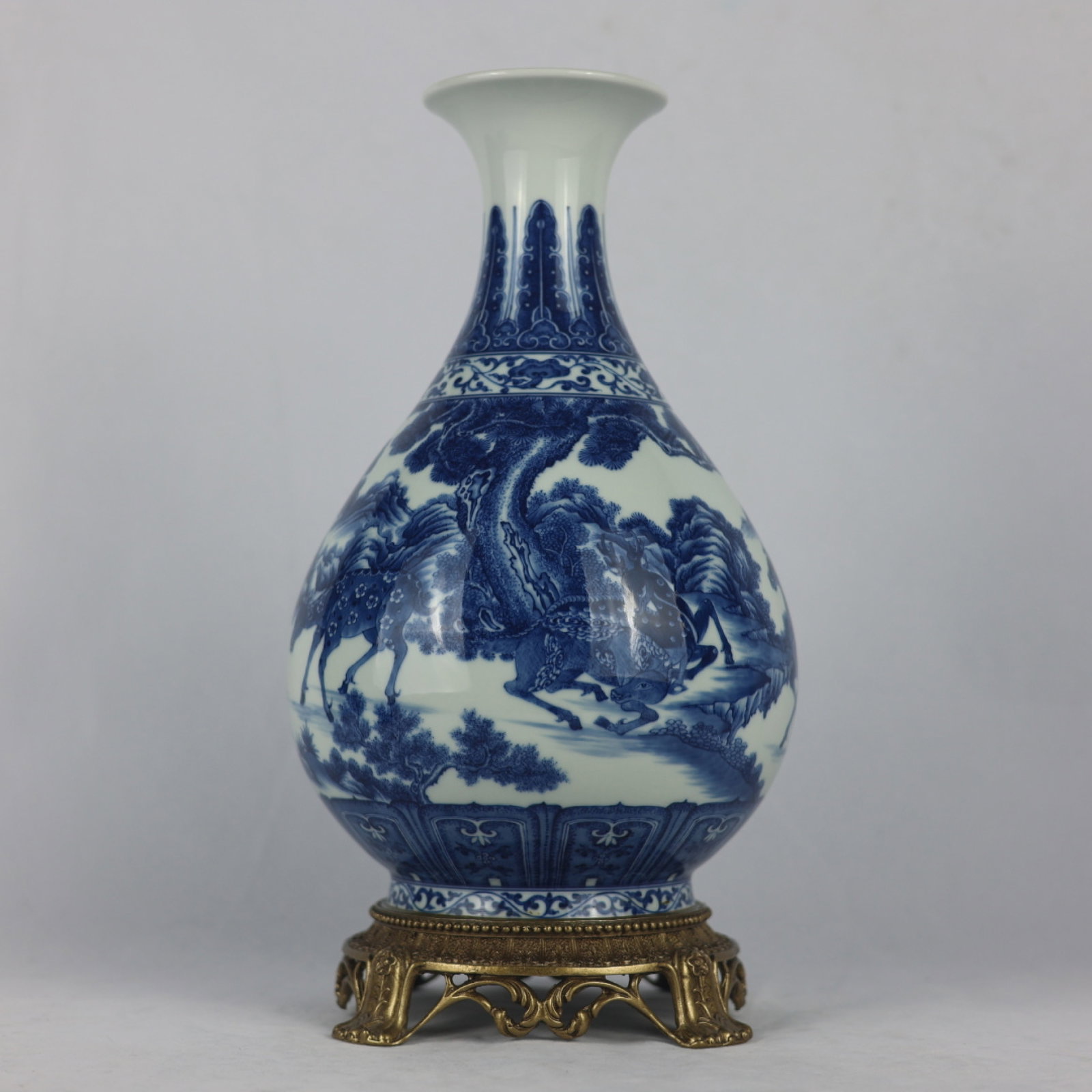 A Rare Blue and White Inlaid Bronze Pine and Deer Pattern Vase