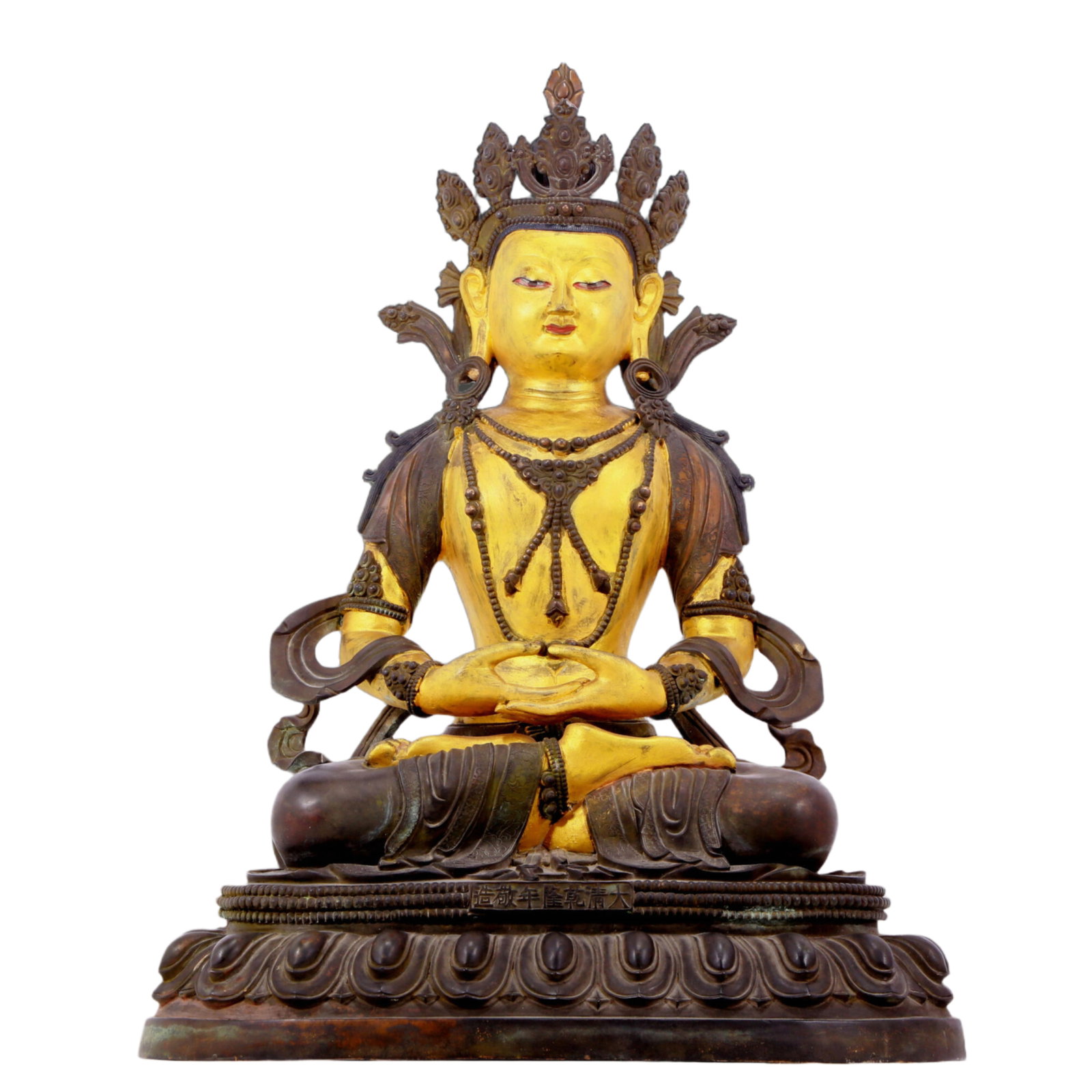 A solemn gilt bronze statue of Bodhisattva: A solemn gilt-bronze Bodhisattva statue, Qianlong seven-character inscription, Qing Dynasty, China. The Bodhisattva's posture is graceful and peaceful. His face is solemn and kind, and his eyes are