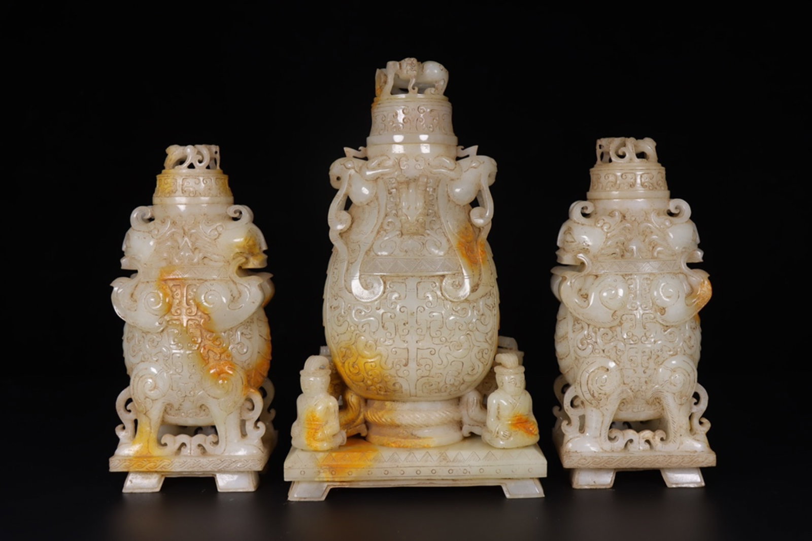 A Set of Fine White Jade Chi-Dragon Pattern Bottles (1 of 9)