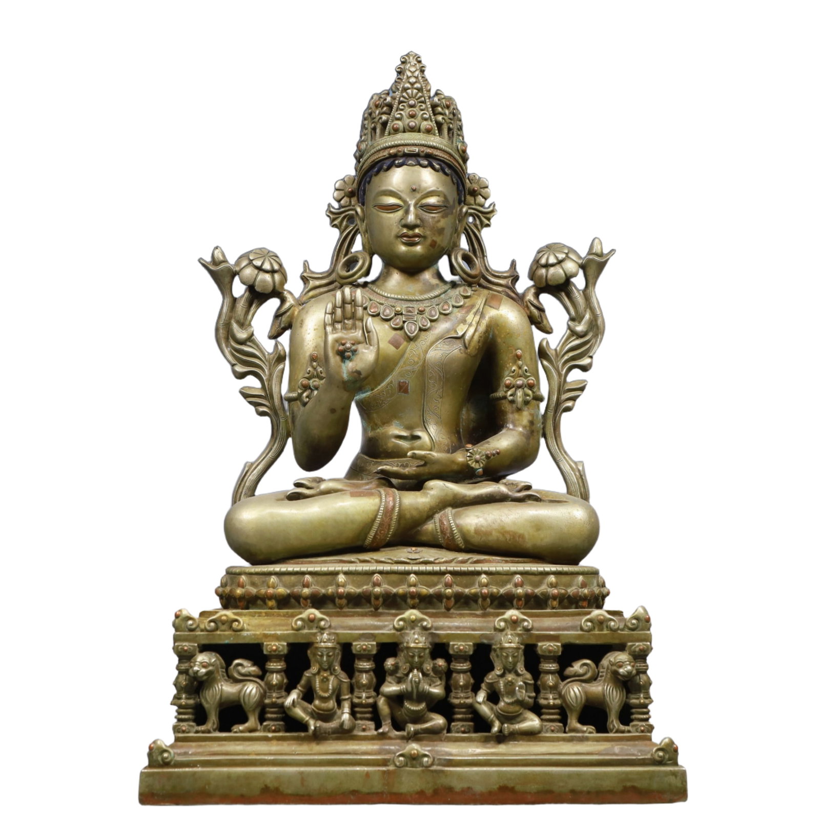 A Solemn Bronze Green Statue of Tara, Inlaid Gems, With Inscription