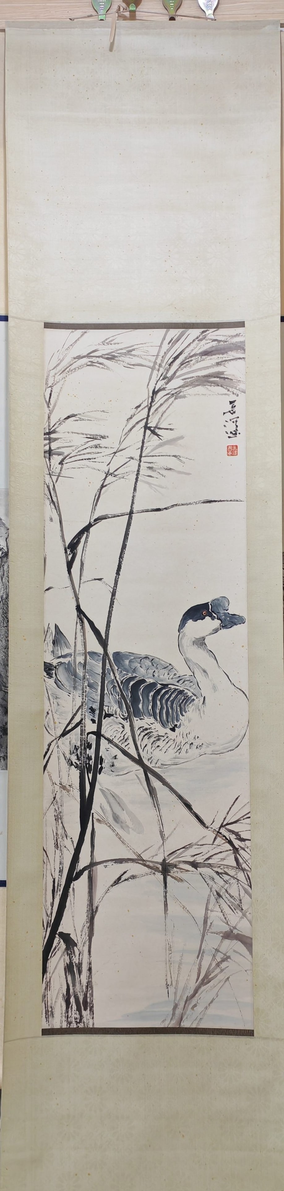 A Chinese Vertical Scroll Ink Painting of Goose on Paper