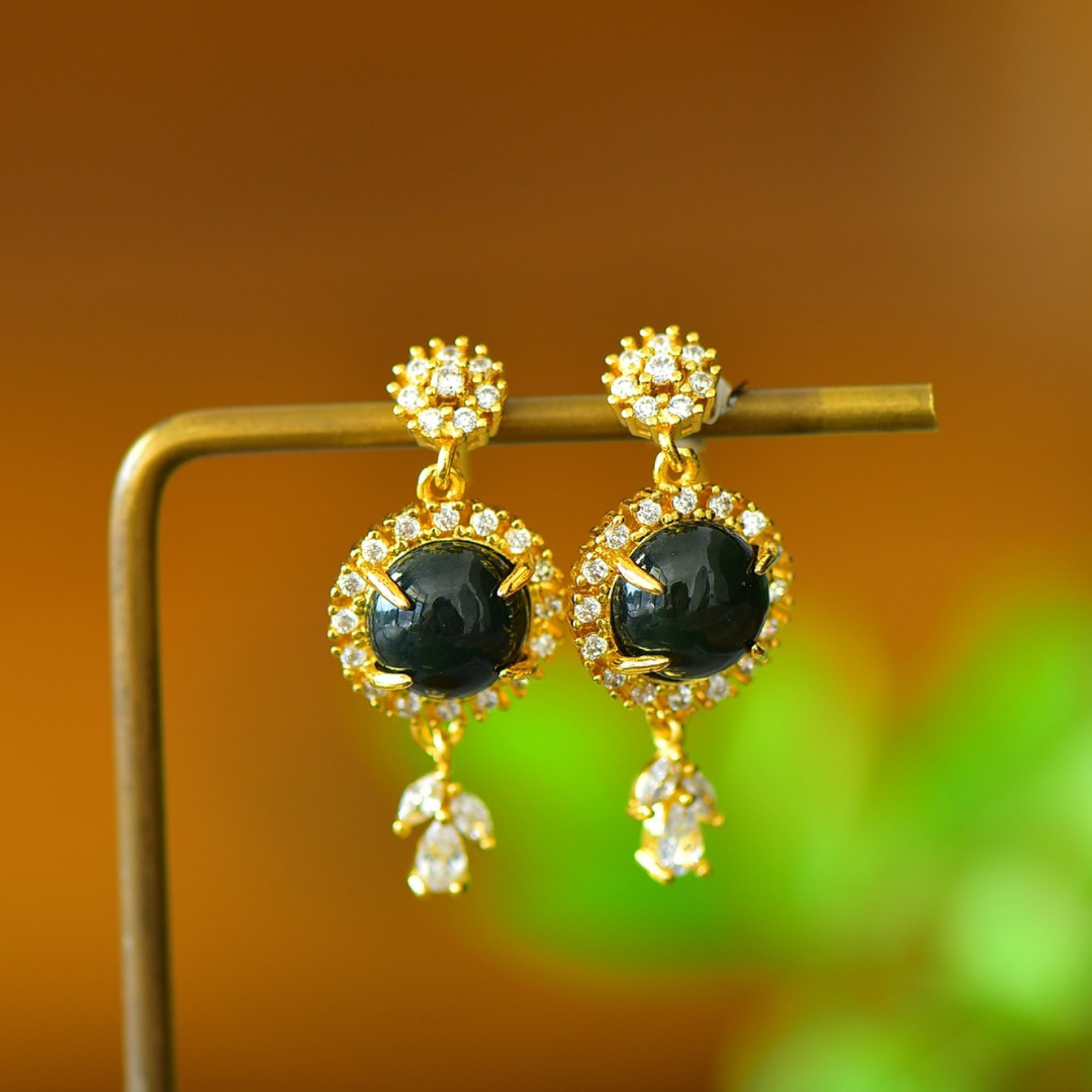 A Pair of Exquisite Bronze-Gold Plated Inlaid Green Jade Earrings: A Pair of Exquisite Bronze-Gold Plated Inlaid Green Jade Earrings,Size:3.9inx3.9in 一对铜镀金镶青玉耳环