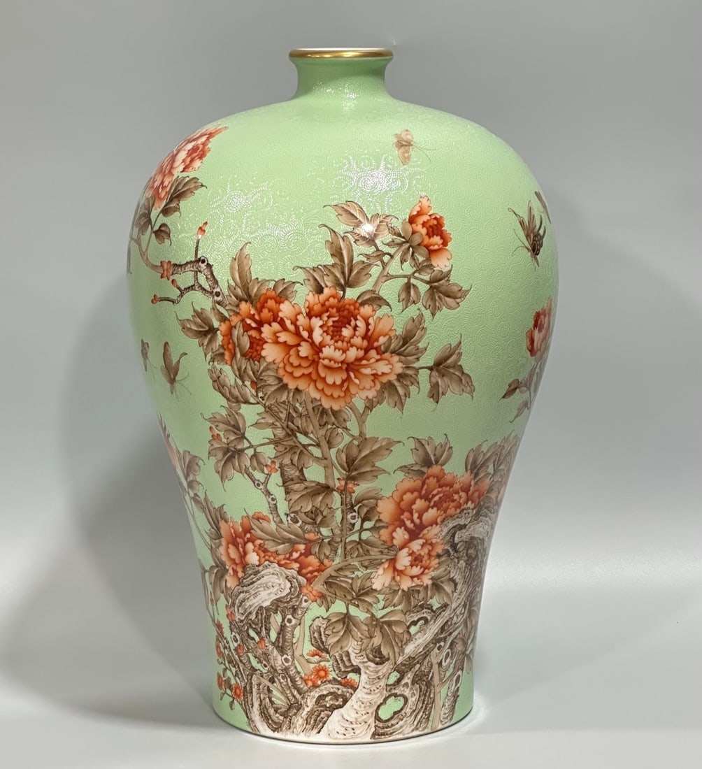 A Rare Enamel Turquoise Glazed Flower and Butterfly Pattern Vase,with poem: A Rare Enamel Turquoise Glazed Flower and Butterfly Pattern Vase,with poem,Qing Dynasty,China,Yongzheng Six-character Mark,Size:15.2inx9.4in
