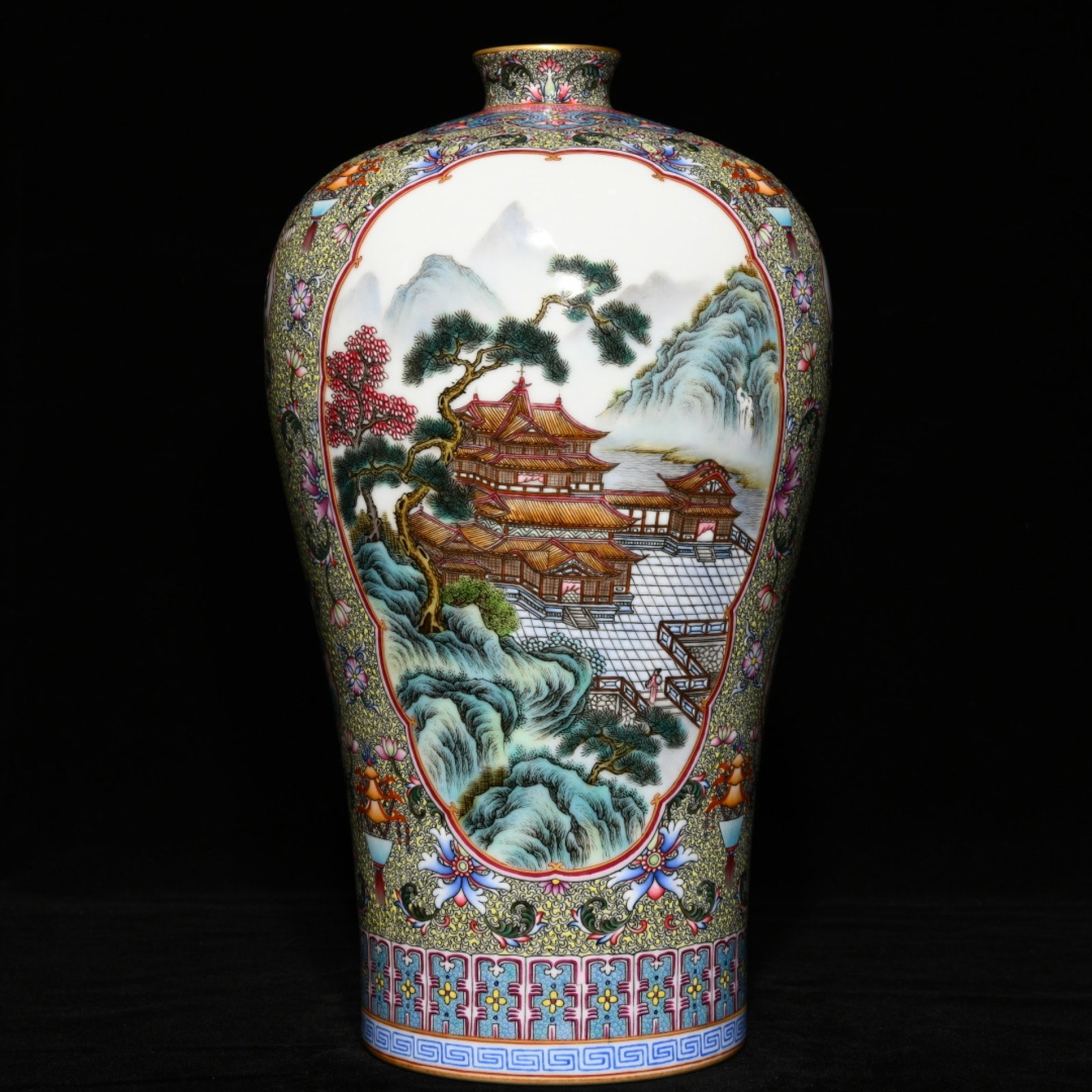 A Rare Famille-Rose Painted Gold Landscape Pattern Vase: A Rare Famille-Rose Painted Gold Landscape Pattern Vase,Qing Dynasty,China,Yongzheng Six-character Mark,Size:12.4inx7.5in 粉彩描金山水纹瓶,中Þ