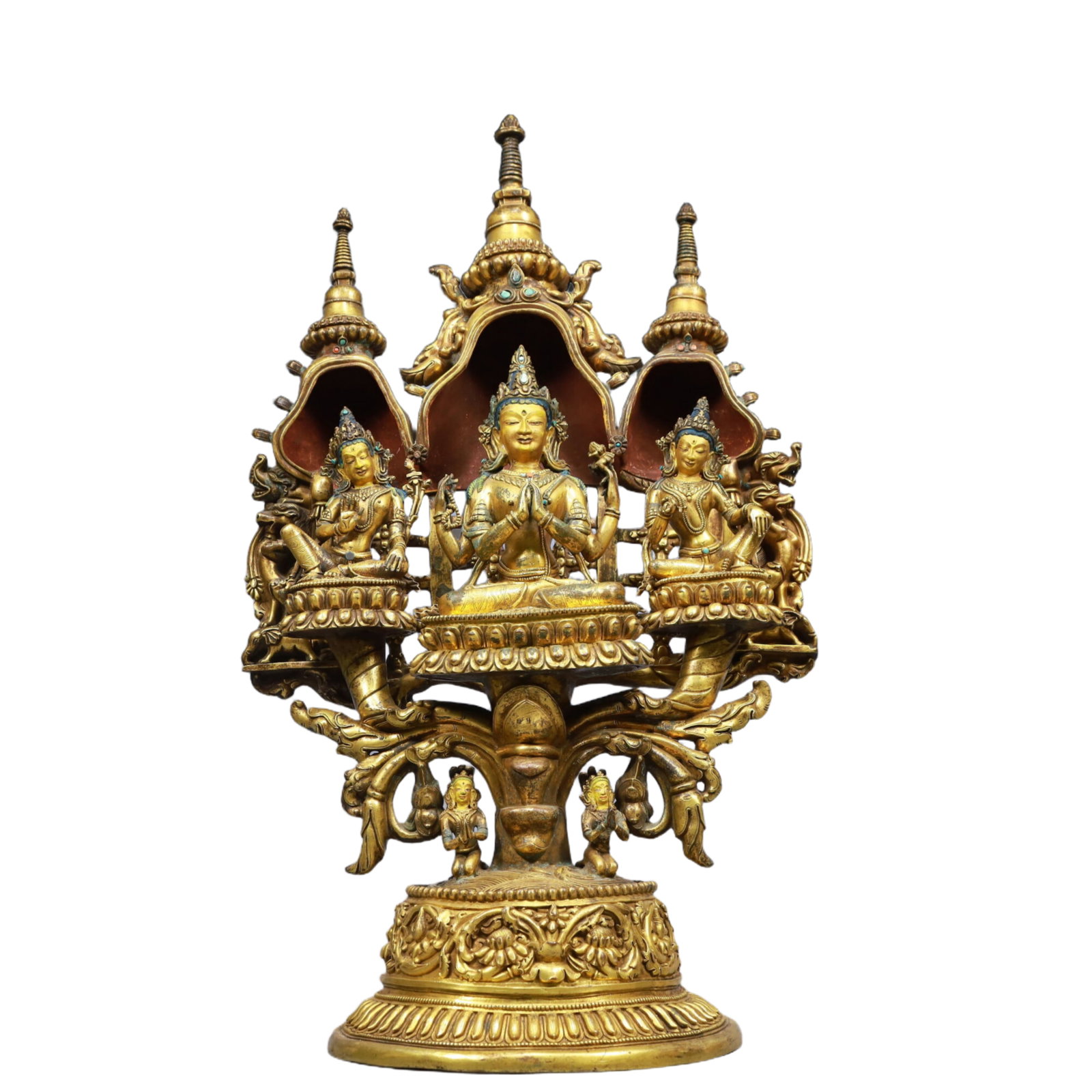 A Solemn Gilt Bronze Statue of Avalokitesvara, Inlaid Gems: A Solemn Gilt Bronze Statue of Avalokitesvara, Inlaid Gems, Size:15inx9.1inx24.8in, Weight:16750g
