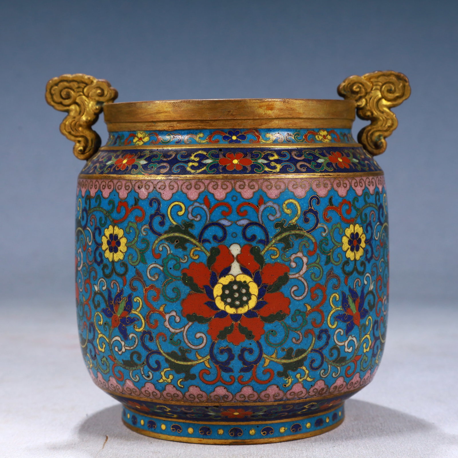 An Exquisite Cloisonne Lotus Pattern Double-Ears Jar: An Exquisite Cloisonne Lotus Pattern Double-Ears Jar,Qing Dynasty, China,Qianlong Four-character Mark,Size:5.5inx5.1in,Weight:1050g