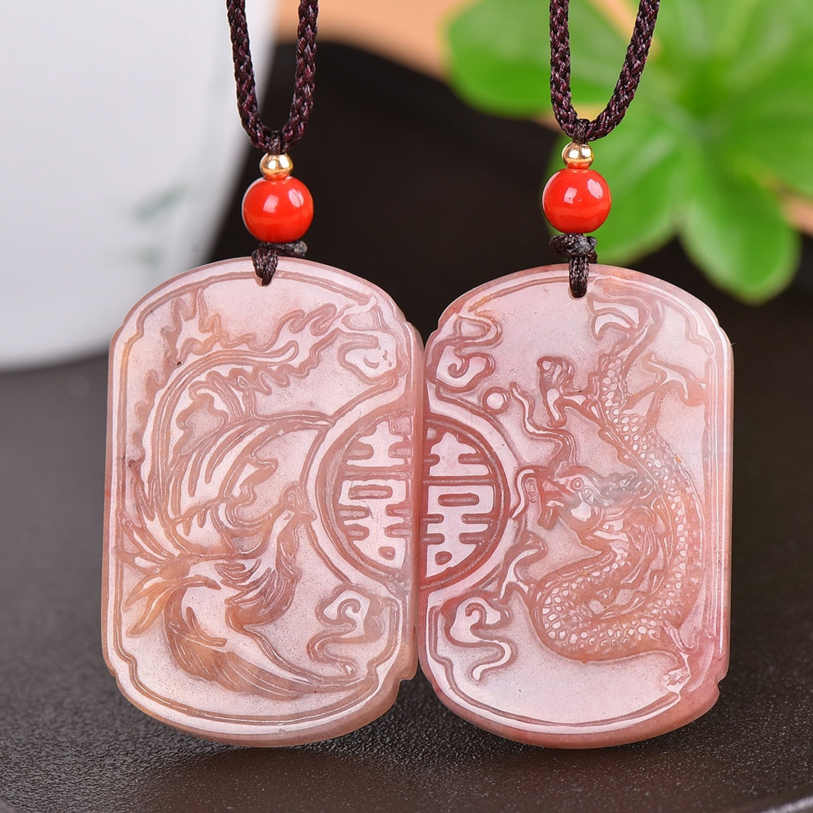 A Pair of Exquisite Red Jade Dragon and Phoenix Pattern Pendants: A Pair of Exquisite Red Jade Dragon and Phoenix Pattern Pendants,Size:24mmx42mm 一对红玉龙凤纹挂件