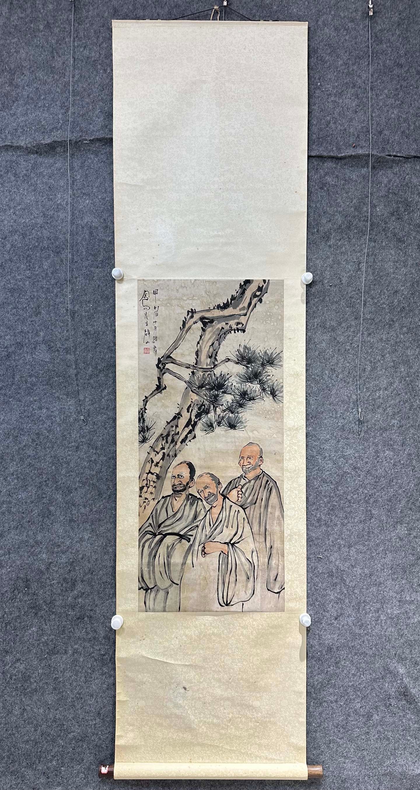 A Chinese Vertical Scroll Ink Painting of Landscape and Figure on Paper: A Chinese Vertical Scroll Ink Painting of Landscape and Figure on Paper,Lu Fengzi,Size:38.6inx17.1in