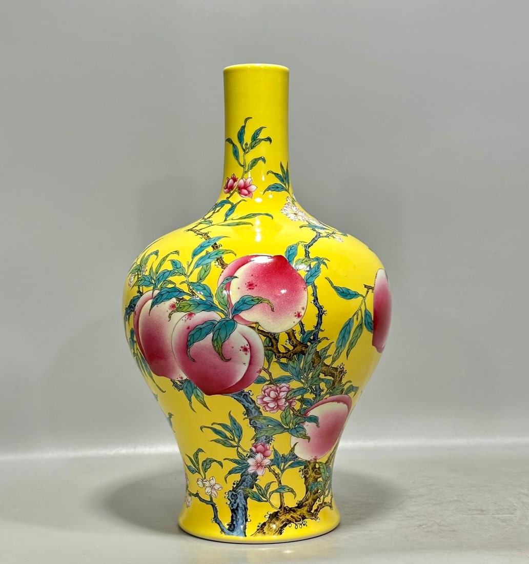 A Rare Yellow Ground Enamel Bats and Peach Pattern Vase